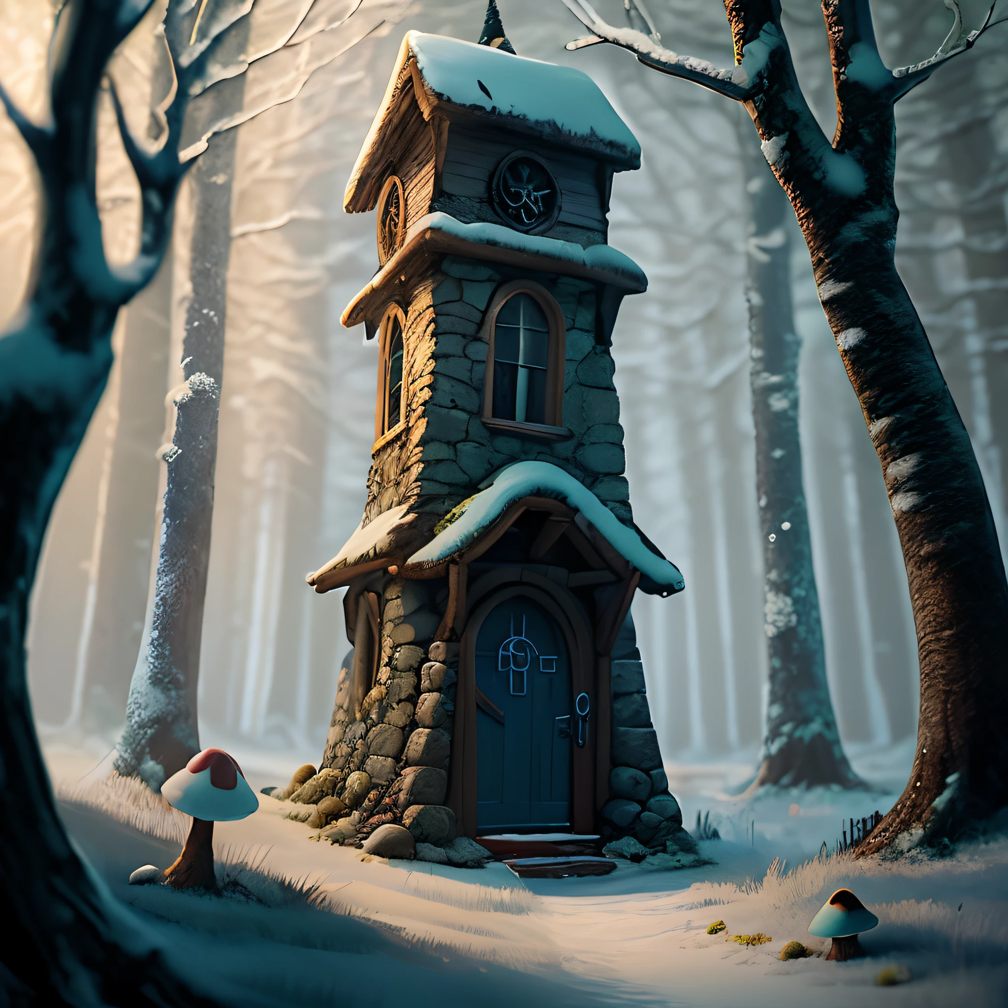 stone tower with dark door, surrounded by a frozen taiga forest, blue mushrooms on the ground, cinematic shot, high detail, cinematographic lighting, 4k, photo, digital art, fantasy style