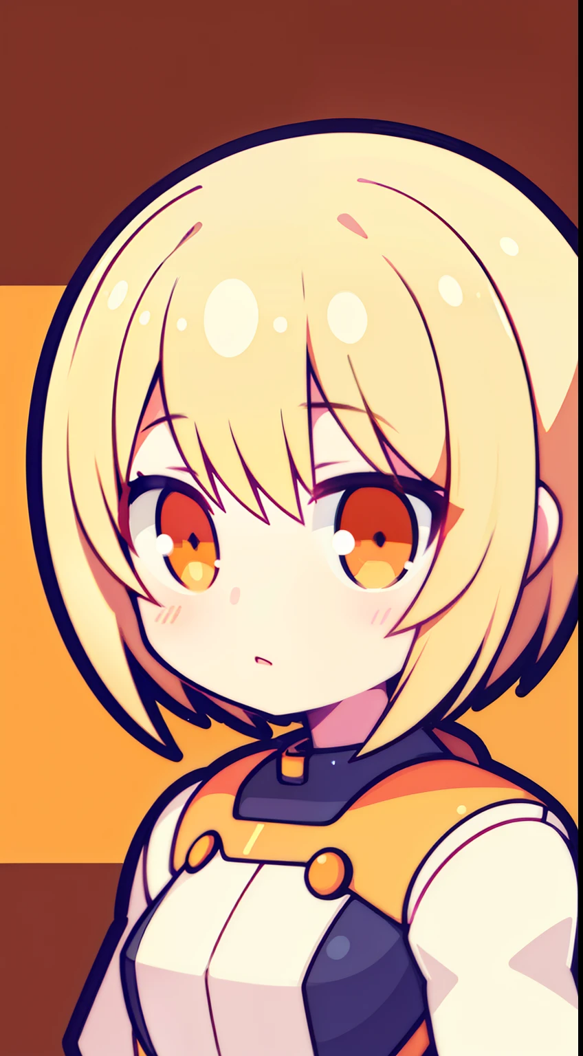 One girl, light blonde hair almost white, orange eyes, neutral face, orange mecha, mecha background, short hair,