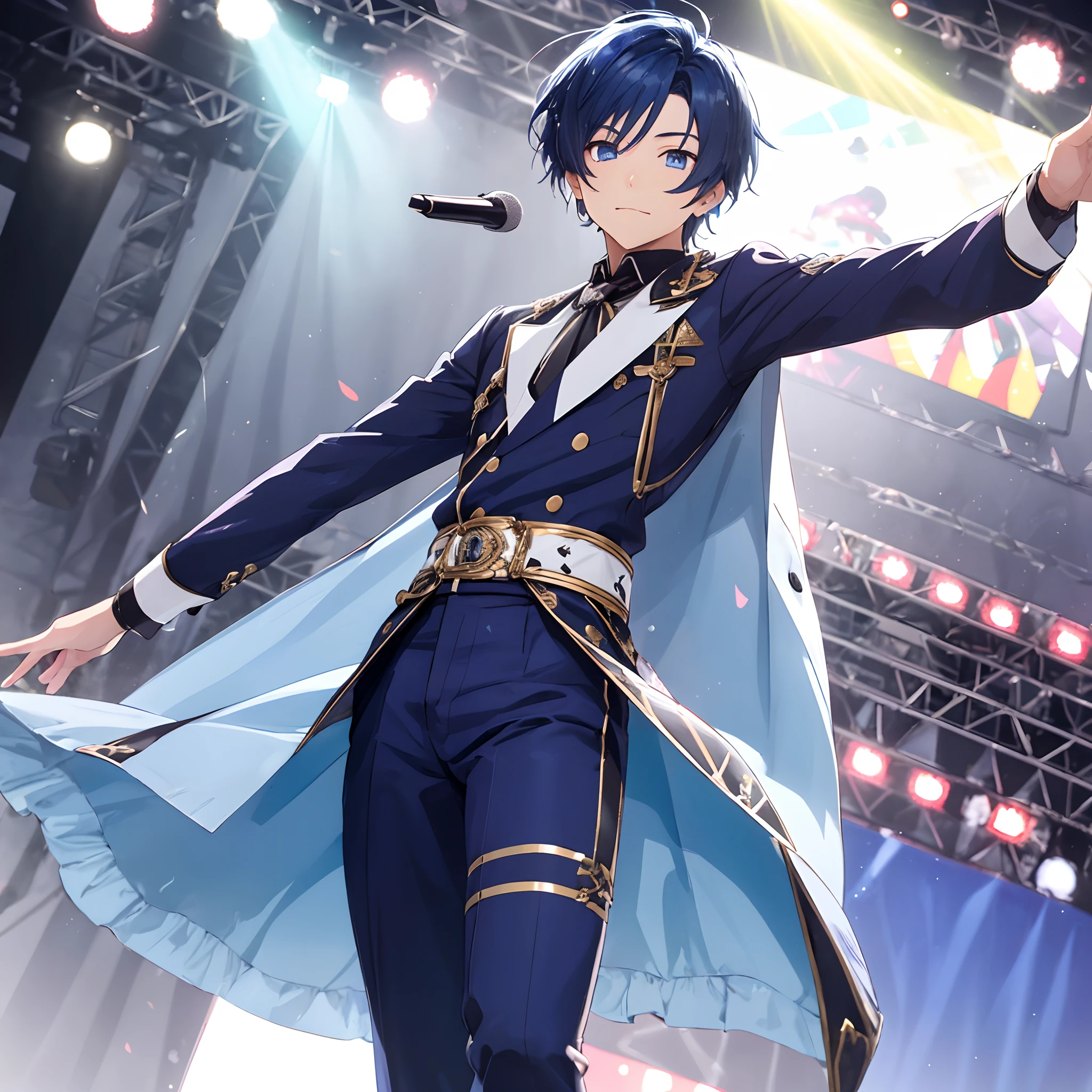Boy 1,blue eyes,dark blue hair,anime idol,stage(ultra details), (good eyes), (good pose),wearing blue costume