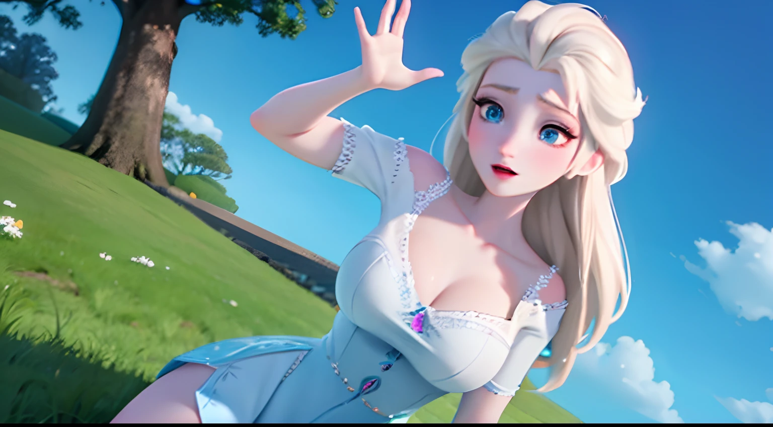 elsa of arendelle，enlarged boobs，Hot figure，Wear a JK miniskirt，white short blouse，Look at the camera on the lawn，