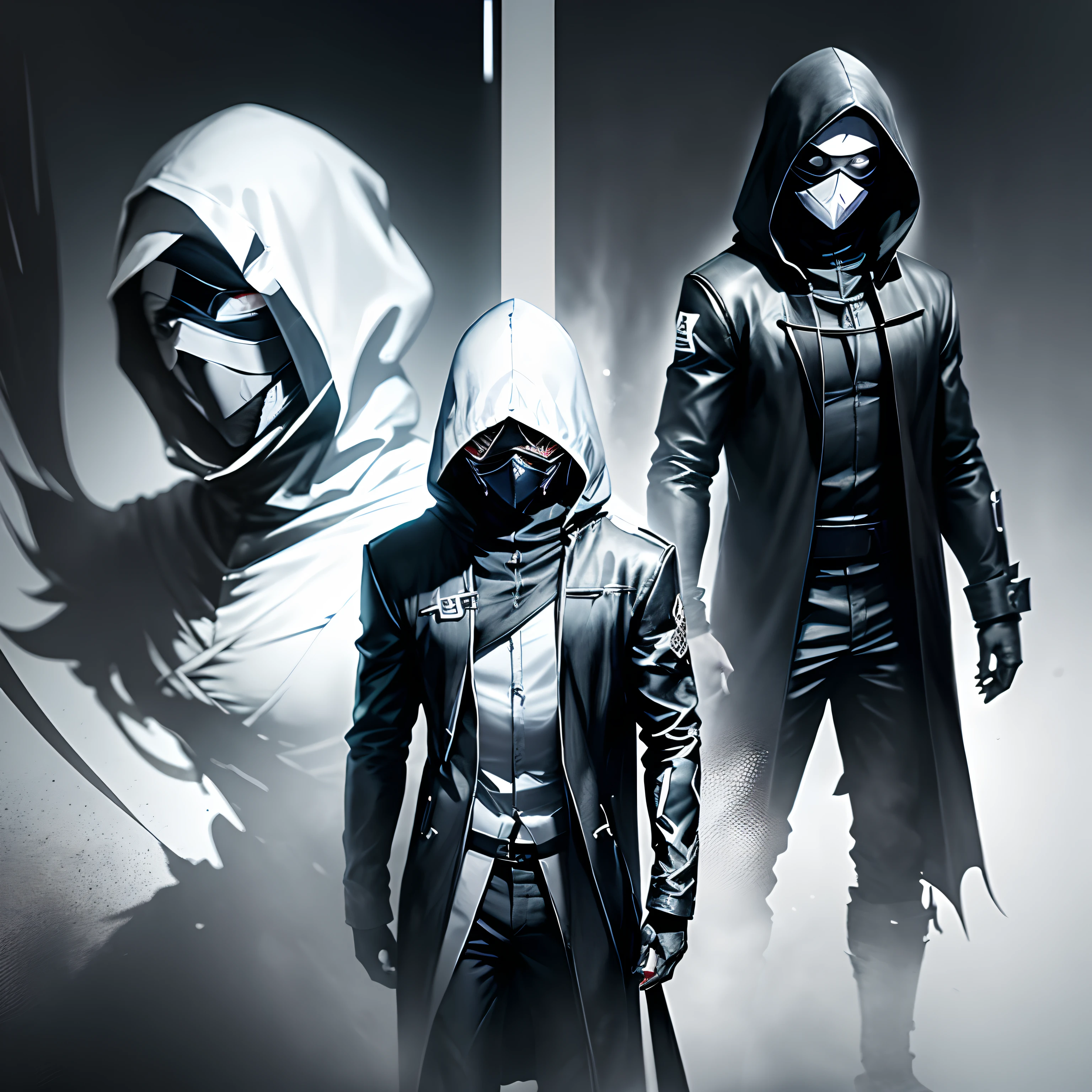 Concept art of a character anime style, kaneki ken, Black and white, in two projections, An assassin man in a black hooded suit, wearing a white mask, scary look, faceless, gray background, Simple black lines, simplified.