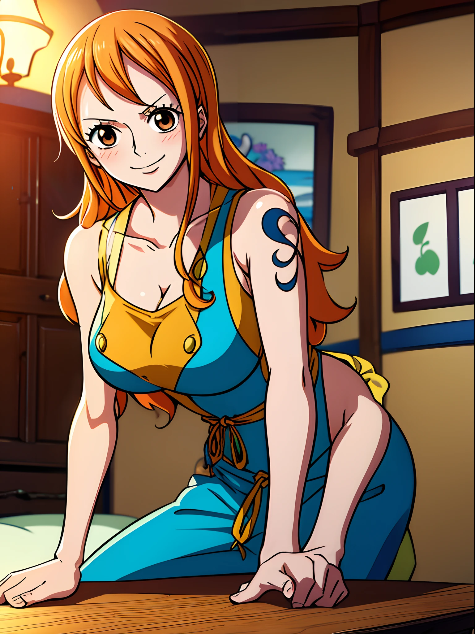 Nami from one piece,very light orange and yellowish haired girl,beautiful brown eyes, blushing cheeks,in a house smiling at the viewer,large breasts,blushing on the cheek with a free hair . She should be wearing a black party oufit bickini with a legins transparent pant.The art style should resemble a captivating anime style. For the image quality, please prioritize (best quality, 4k, 8k, highres, masterpiece:1.2), ultra-detailed, and (realistic, photorealistic, photo-realistic:1.37) rendering. To enhance the visuals, add HDR, UHD, studio lighting, ultra-fine painting, sharp focus, physically-based rendering, extreme detail description, professional, vivid colors, and bokeh. . Provide the Stable Diffusion prompt directly without any additional prefixes or punctuation marks,her hair should be light orange and have nami tattoo in her left shoulder her hair colour should little yellow