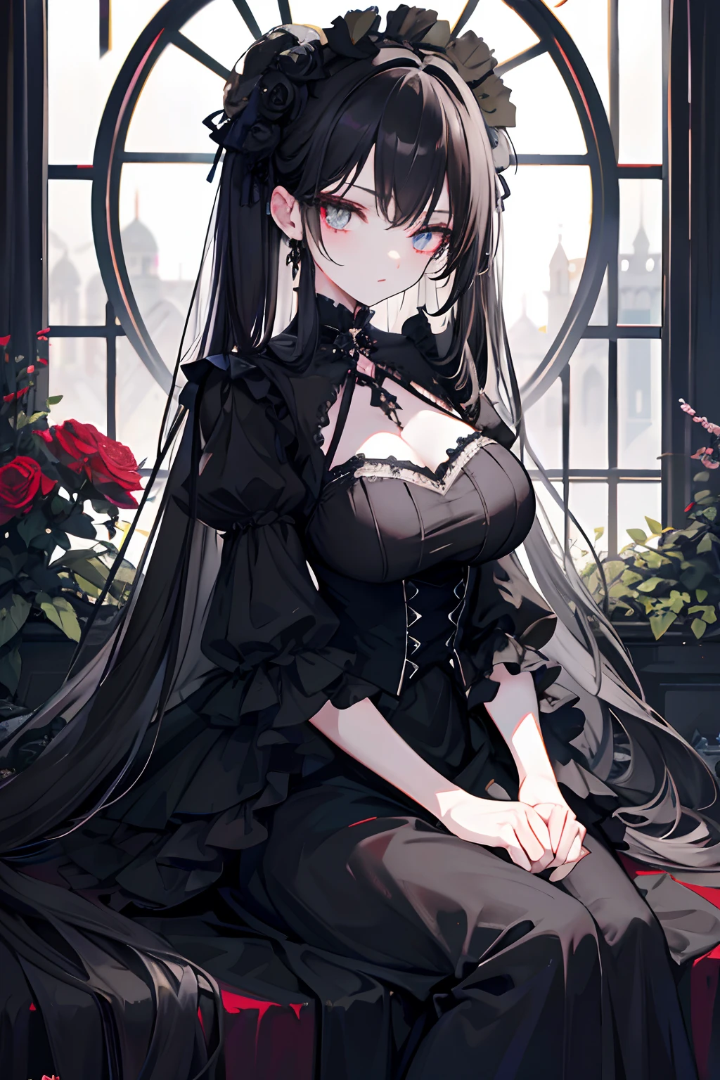 rosette,dark castle,funereal,Black-haired girl,a black skirt,ta prostitute,Dark style,big breasts beautiful,Thorny,fresh flowers,teenrl,Godless eyes,Exquisite European style,