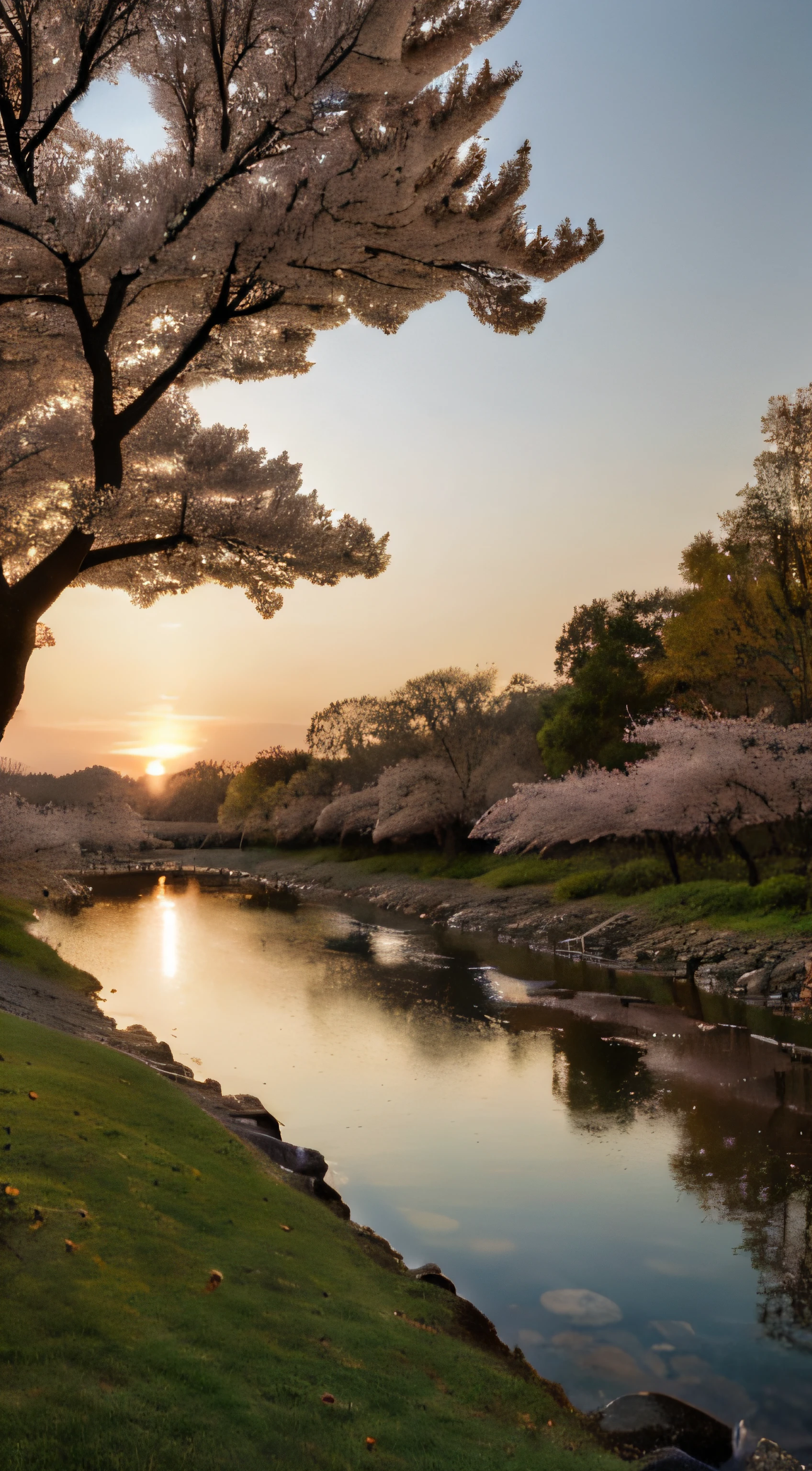 (a beautiful landscape,cherry trees,flowery environment, colorful fish stream, extremely detailed, sunset:1.2),ultra-detailed,nature,serene,peaceful,photorealistic:1.37, vibrant colors, warm tones,soft lighting,masterpiece:1.2, HDR,dreamlike,tranquil,water reflection, ethereal beauty, delicate petals,captivating scene,endless horizon,sun-kissed glow,picturesque,the golden hour,serene beauty,breathtaking view,serenity,majestic,meticulous attention to detail,calming atmosphere, idyllic setting, tranquility, harmonious blend of colors, immersive experience
