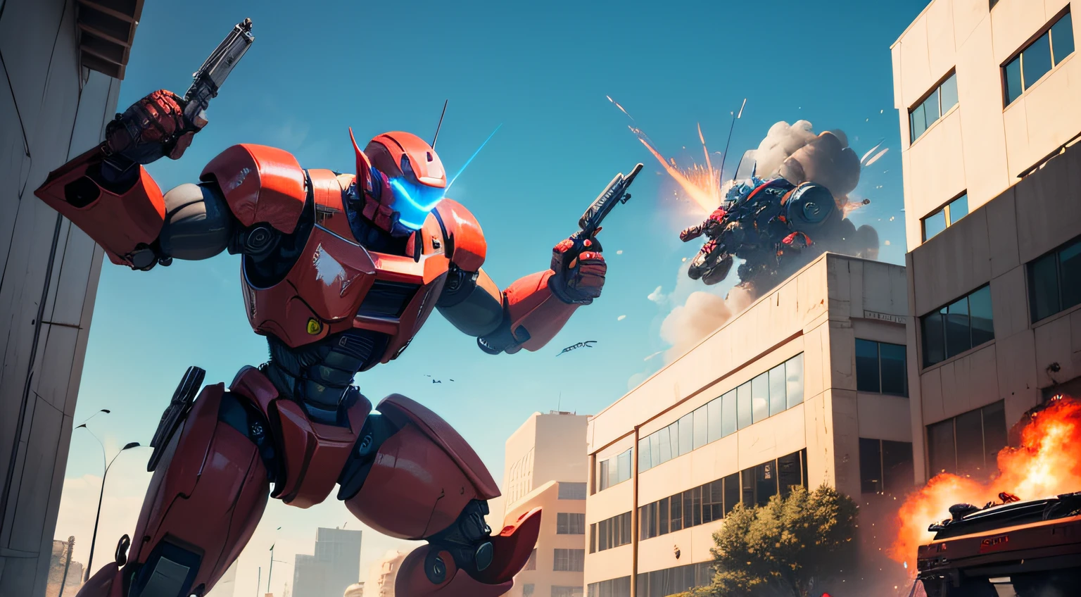 red Robot fighting blue robot on a building with guns, sunny day, explosions in the back