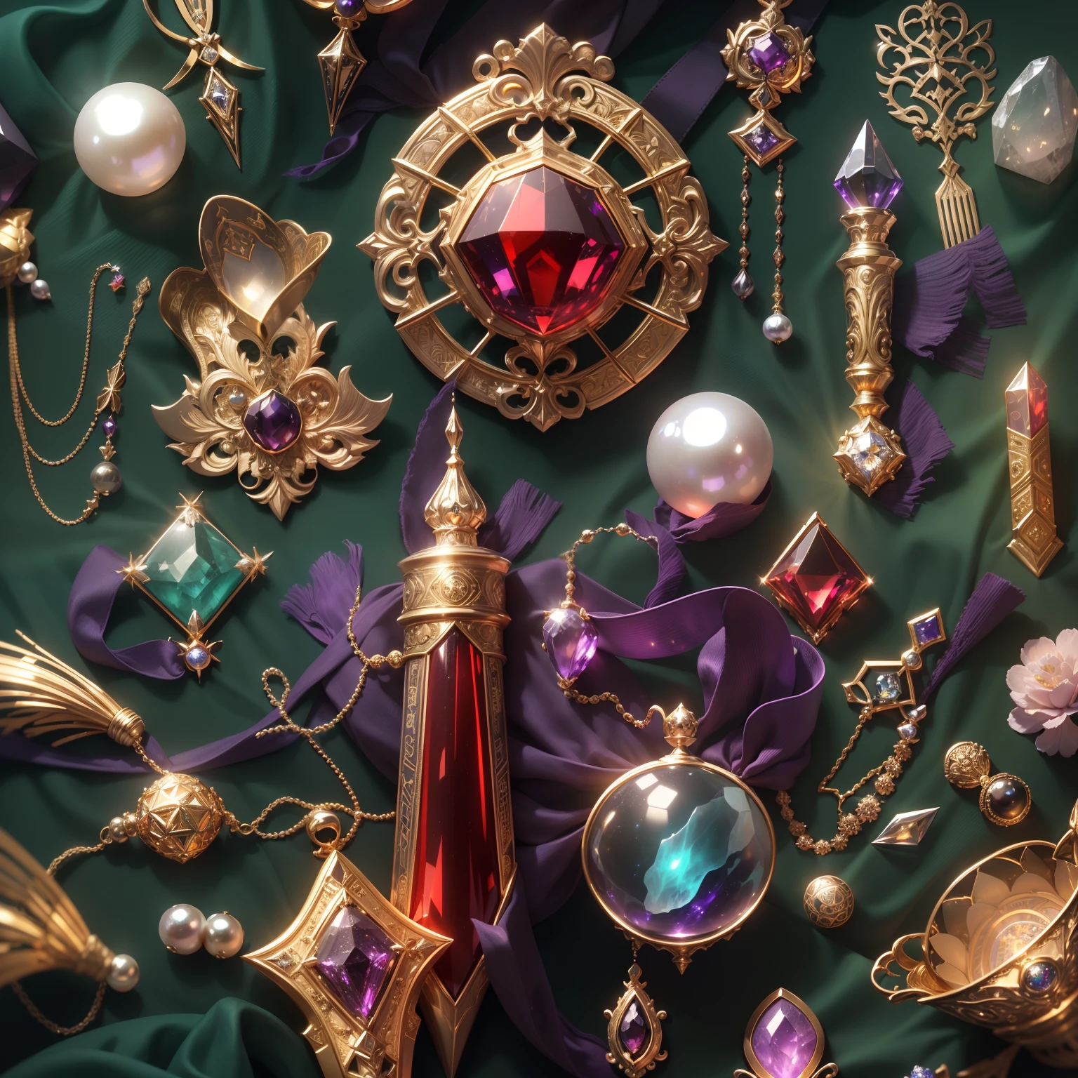 in the style of futurism,(Full Focus:2),(Everything is laid out in the window:1.3),(Luxurious silk|medal|Hours|Luxury weapons|obsidian|pearls|Hisui|White jade|amethyst|Sapphires|Jewelry made of gold|Silverware|Purple gold|Magic jewelry|antiquarian|The Red Jewel|diamond|Topaz|:2),Magic symbols,The effect of magic light particles,High-tech luxury, Expensive jewelry,,Expensive metals,Luxuries,Puzzles are forbidden, Detailed and complex background, sparkly, reflection light, Гипер HD, Award-winning, hight resolution, high detail, chiaroscuro, Cinematic lighting, Masterpiece, ray traced,Structurally correct, super detaill, hiquality, High Details, Best Quality, 16k