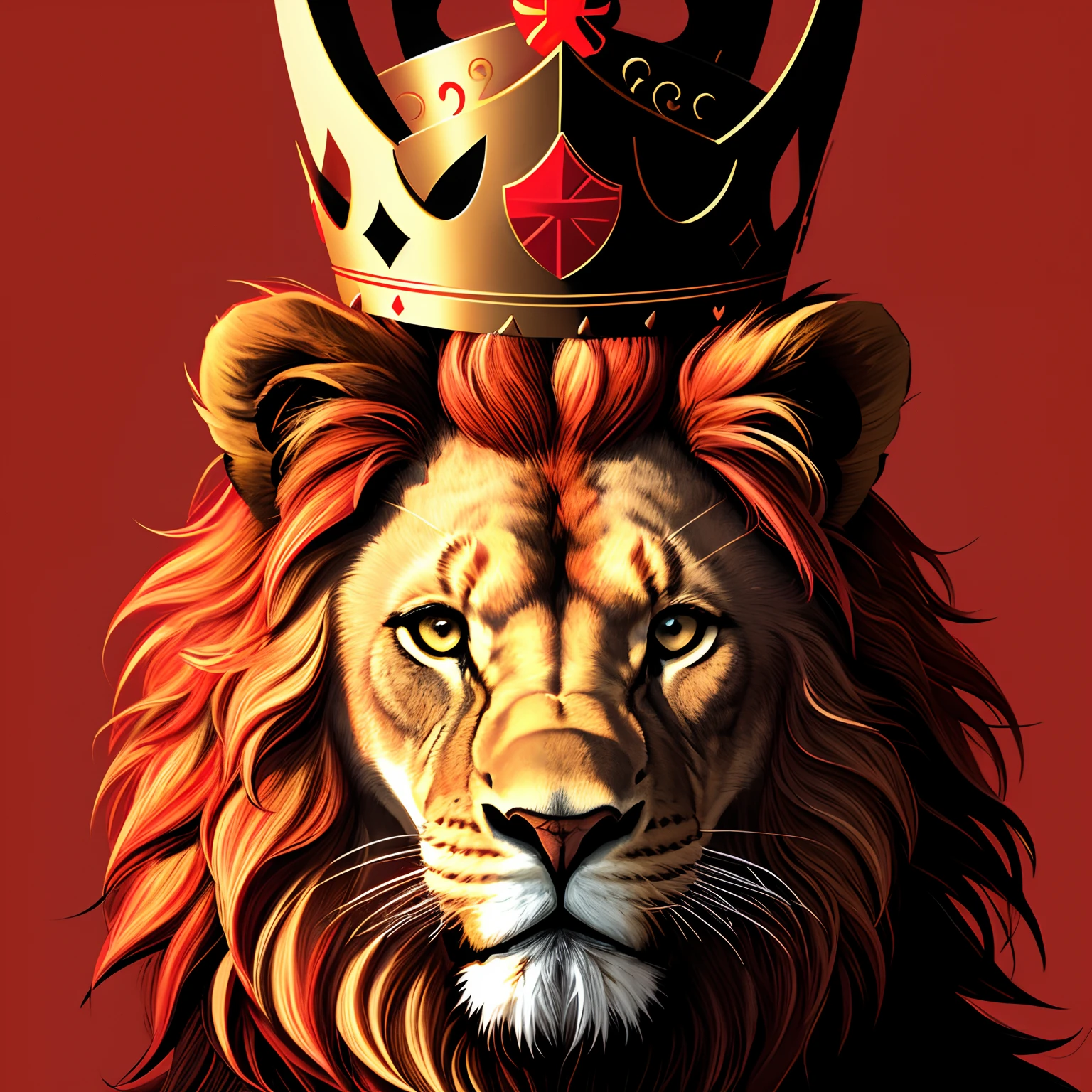 a lion with a crown on its head, with (a cross) made by brush with the (red color), (behind) the lion with the crown on its head, vector style, illustrative style, (UHD quality).