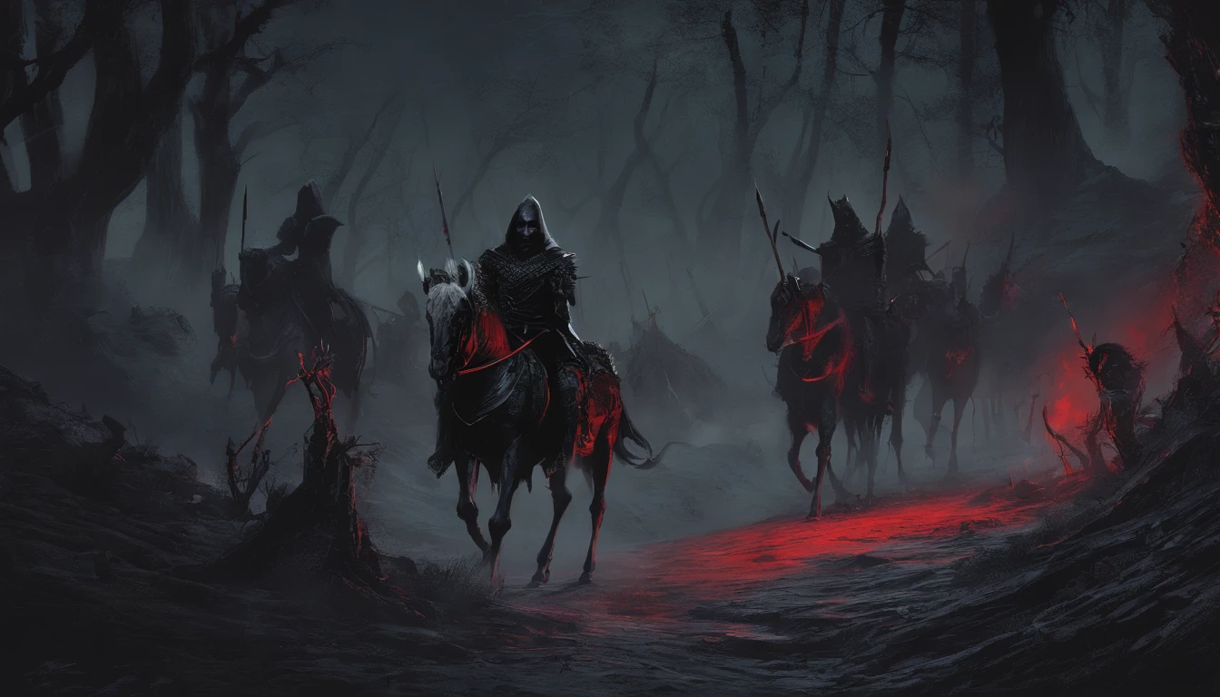 A group of undead knights riding skeleton horses actually walked through the valley towards the audience,Undead,Crusader pitch-black armor,(red eyes),Skeleton horses with rotten flesh,fantasy world,medieval times,A dark forest that glows with glows,horror atmosphere,uncanny,High-precision details,HD,8k,The Lord of the Rings waits to begin