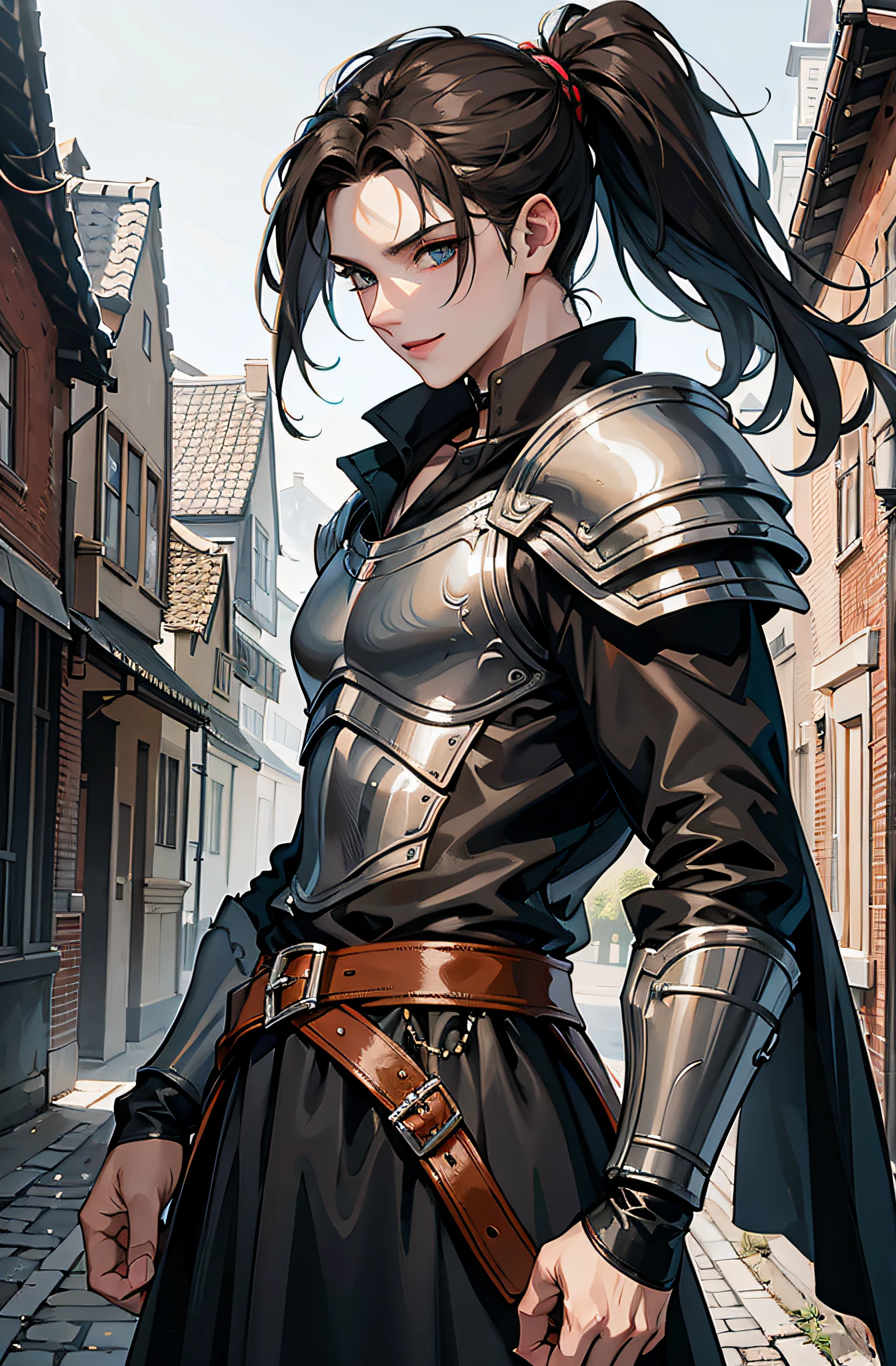 (Meisterwerk), best quality, ultra-high resolution, Ein Mann, elegant, ausdrucksstarke Augen, Perfektes Gesicht, half body, Blick auf den Betrachter, dutch angle, Cowboy erschossen, langes schwarzes Haar mit langem Pferdeschwanz, leather armor, Clothing for the Middle Ages, assasin, Dolch, easy smile, Detaillierter Hintergrund, mittelalterliche Gasse, Extreme Detailgenauigkeit, 4K