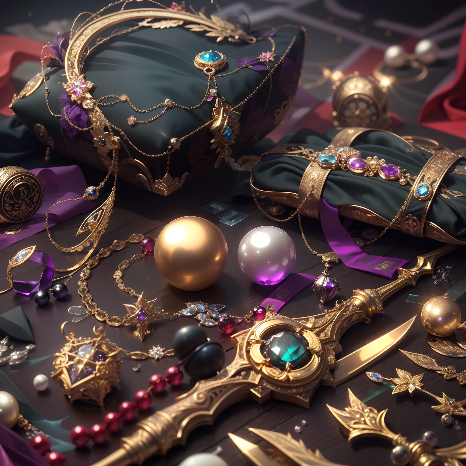 in the style of futurism，(Full Focus:2),(Everything is laid out in the window:1.3)，(Luxurious silk|medal|Hours|Luxury weapons|obsidian|pearls|Hisui|White jade|amethyst|Sapphires|Jewelry made of gold|Silverware|Purple gold|Magic jewelry|antiquarian|The Red Jewel|diamond|Topaz|:2)，Magic symbols，The effect of magic light particles，High-tech luxury， Expensive jewelry,，Expensive metals，Luxuries，Puzzles are forbidden, Detailed and complex background, sparkly, reflection light, Гипер HD, Award-winning, hight resolution, high detail, chiaroscuro, Cinematic lighting, Masterpiece, ray traced，Structurally correct, super detaill, hiquality, High Details, Best Quality, 16k