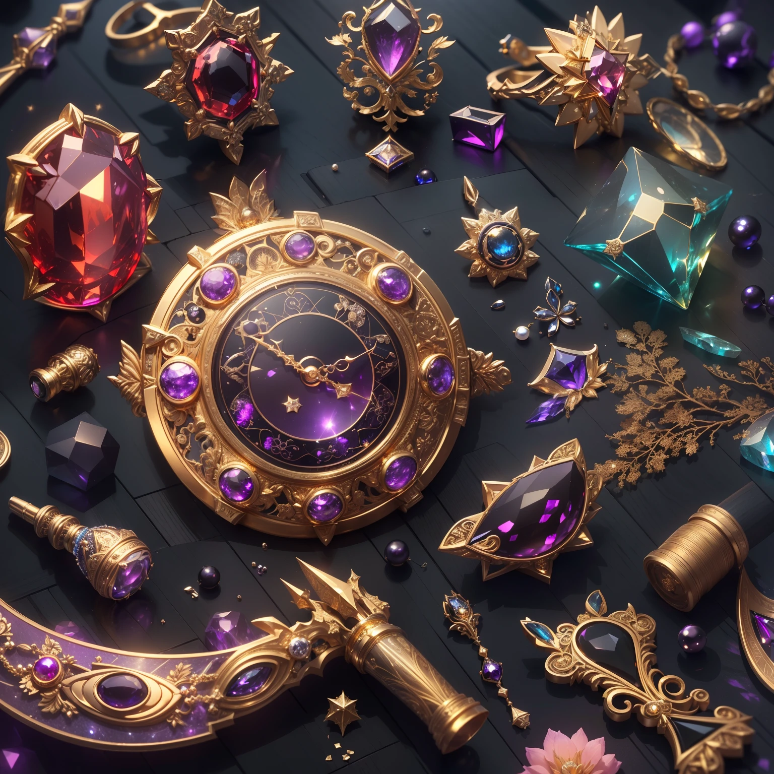 in the style of futurism，(Full Focus:2),(Everything is laid out in the window:1.3)，(Luxurious silk|medal|Hours|Luxury weapons|obsidian|pearls|Hisui|White jade|amethyst|Sapphires|Jewelry made of gold|Silverware|Purple gold|Magic jewelry|antiquarian|The Red Jewel|diamond|Topaz|:2)，Magic symbols，The effect of magic light particles，High-tech luxury， Expensive jewelry,，Expensive metals，Luxuries，Puzzles are forbidden, Detailed and complex background, sparkly, reflection light, Гипер HD, Award-winning, hight resolution, high detail, chiaroscuro, Cinematic lighting, Masterpiece, ray traced，Structurally correct, super detaill, hiquality, High Details, Best Quality, 16k