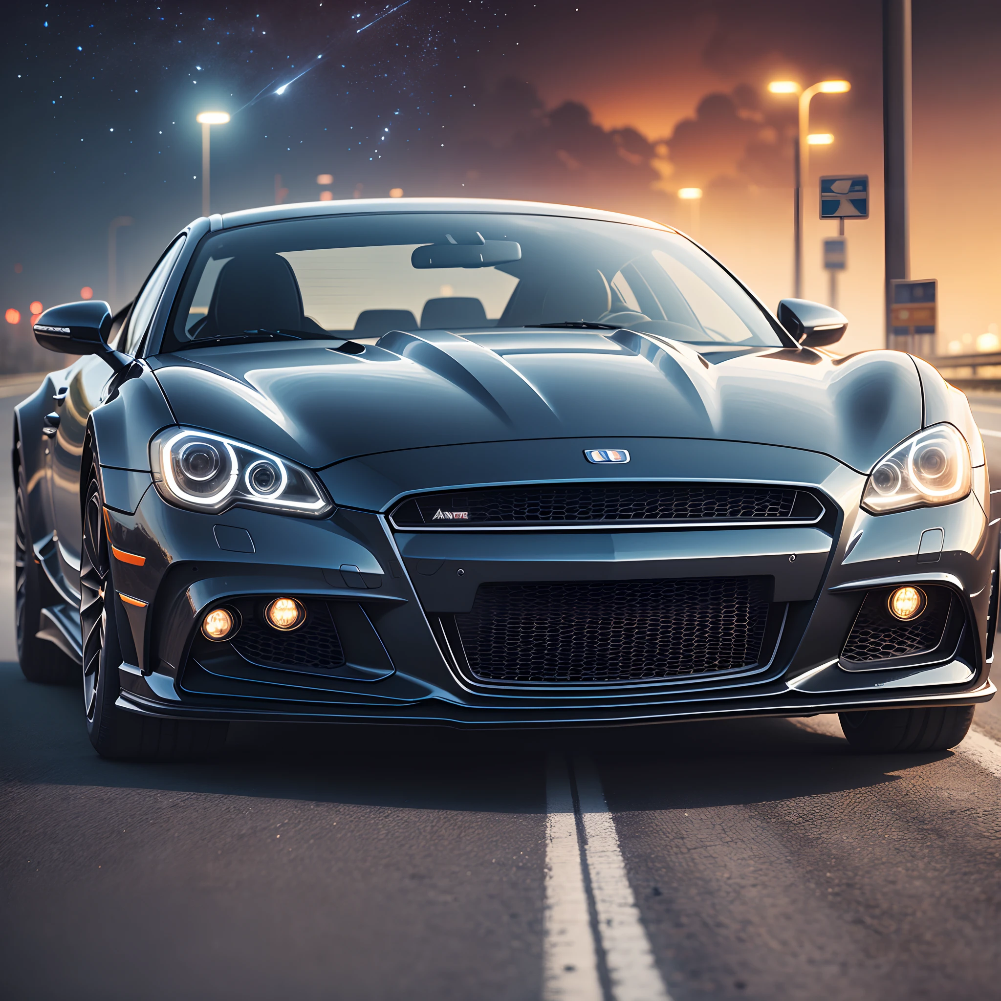 a 3/4 front view of sports car on a highway , universe scene in the background, epic, cinematic, front view of car, night time,unreal engine,cinematic, bokeh,fully detailed, high contrast ,photorealistic, gothic background with splash art of watercolors