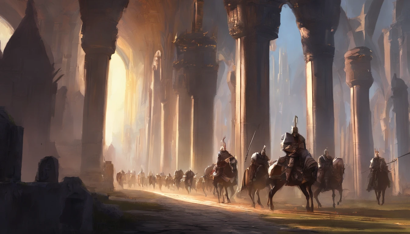 A group of crusader knights were bathed in holy light and charged,fantasy world,Medieval plain,Tyndall effect,divino,Light and shadow strokes,High-precision details,HD,8k,lord of the ring