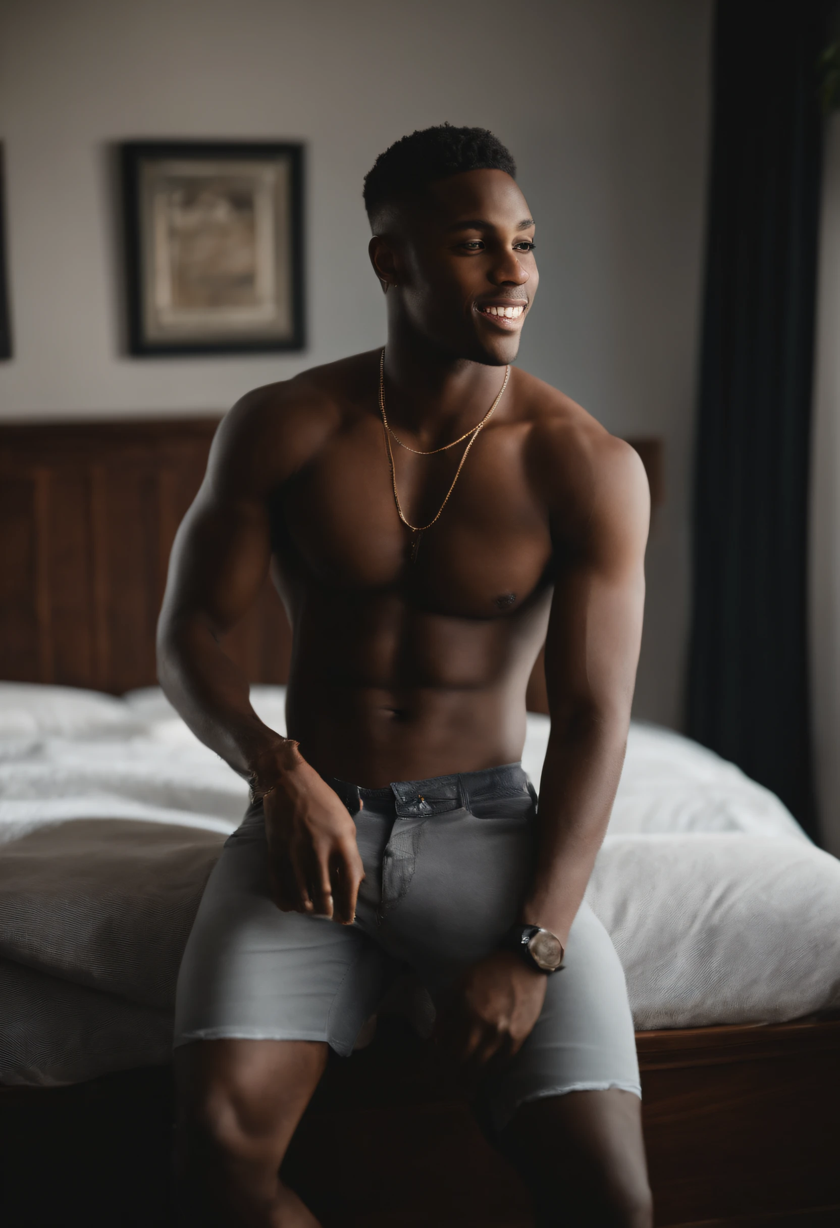 Thuggish, attractive 22-year-old black guy with a sexy grin. The man's hair is shaved and neatly cropped. His penis is 8 inches long when erect. He is nude and has an erection. He is standing by the bed in a woman's dorm room.