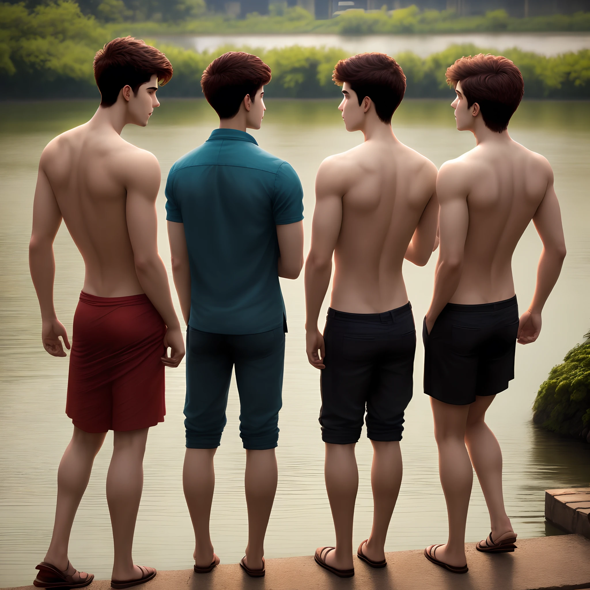 Group of four friends, camera shoot, handsome boy, fully detailed body, talking to each other, evening time, seeing river side, show their back side,