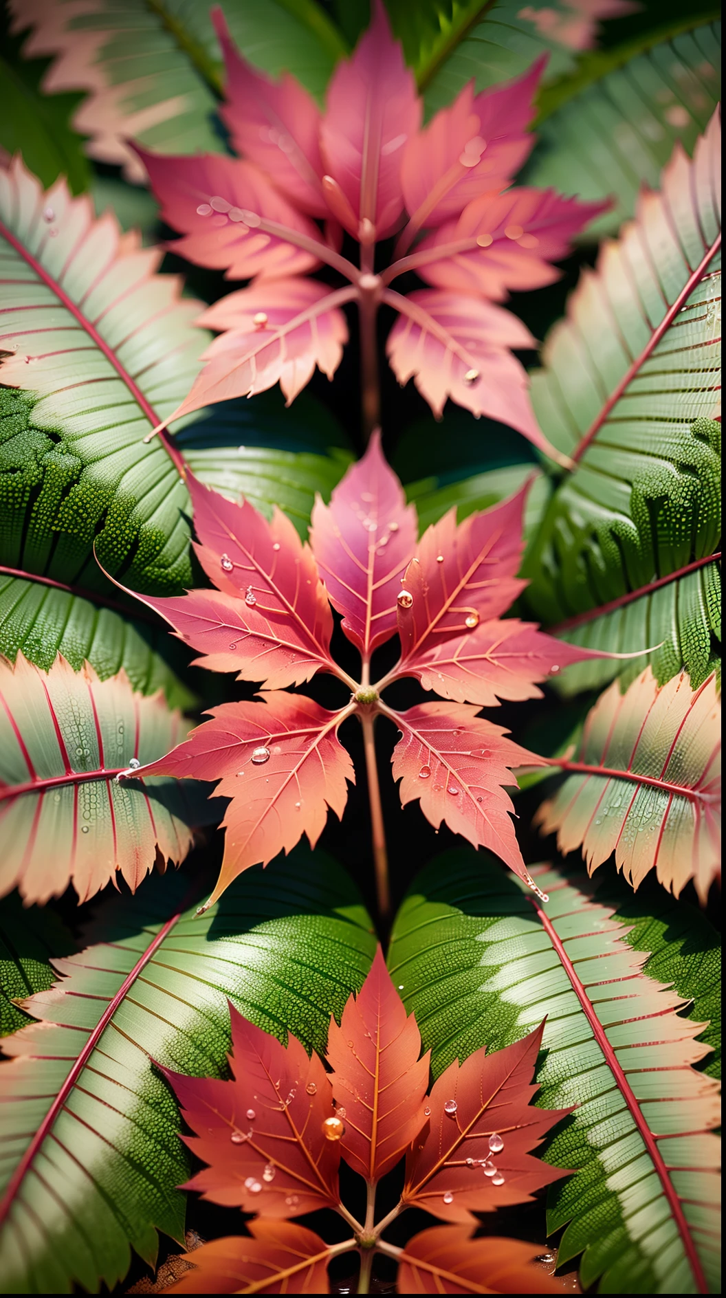 Macro photo of red maple leaves, a few drops of stagnant water on the surface of the leaves --auto --s2