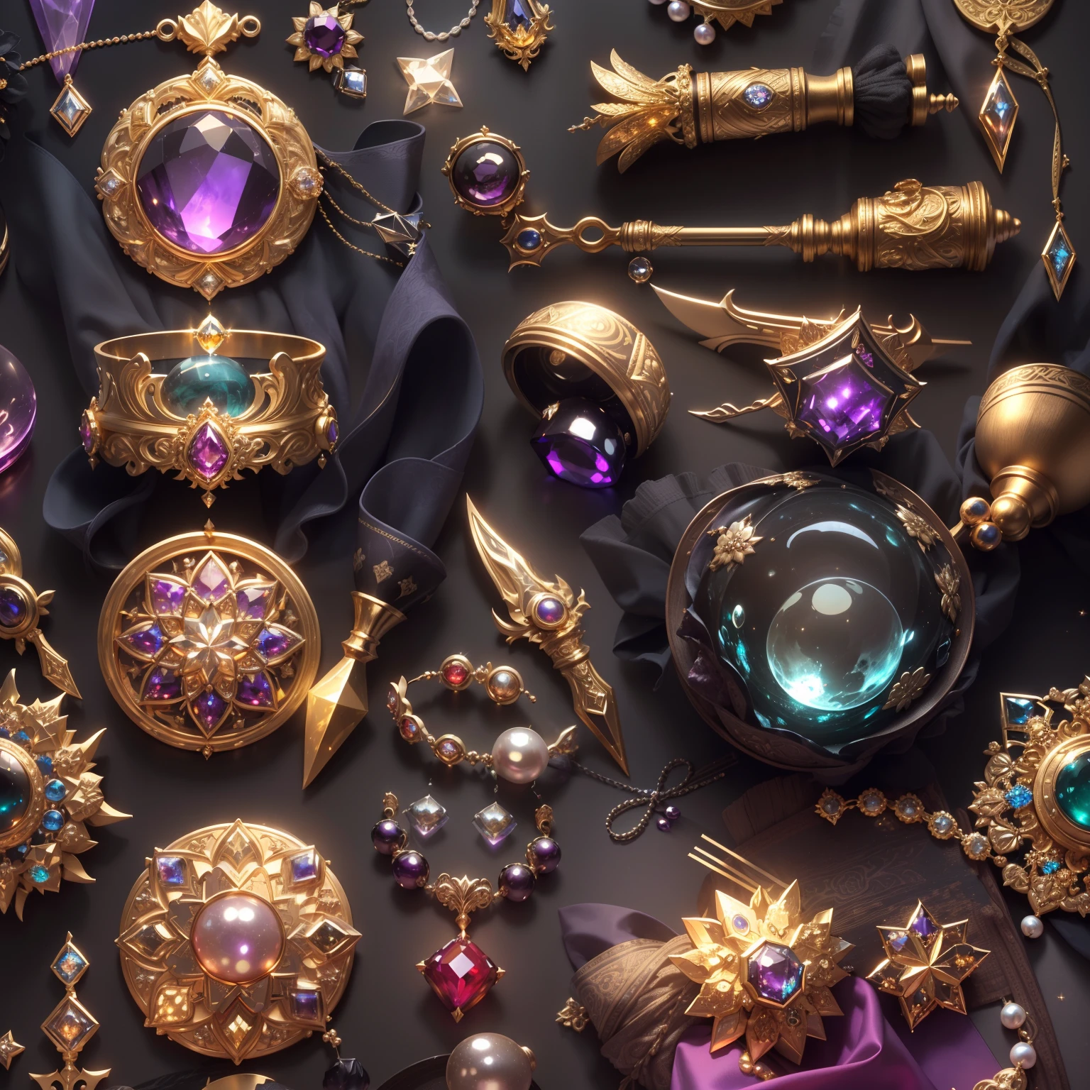 in the style of futurism,(Full Focus:2),(Everything is laid out in the window:1.3),(Luxurious silk|medal|Hours|Luxury weapons|obsidian|pearls|Hisui|White jade|amethyst|Sapphires|Jewelry made of gold|Silverware|Purple gold|Magic jewelry|antiquarian|The Red Jewel|diamond|Topaz|:2),Magic symbols,The effect of magic light particles,High-tech luxury, Expensive jewelry,,Expensive metals,Luxuries,Puzzles are forbidden, Detailed and complex background, sparkly, reflection light, Гипер HD, Award-winning, hight resolution, high detail, chiaroscuro, Cinematic lighting, Masterpiece, ray traced,Structurally correct, super detaill, hiquality, High Details, Best Quality, 16k