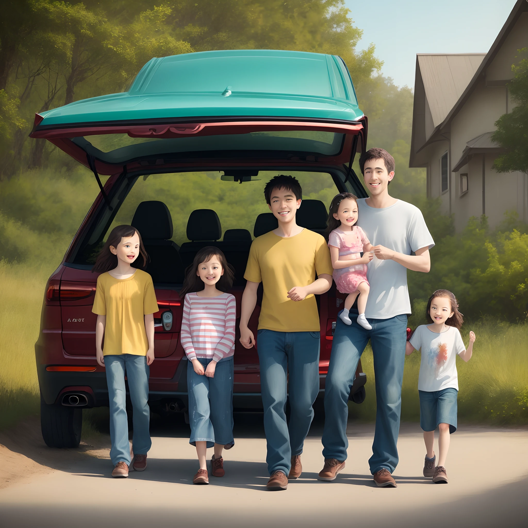 Paint a picture, where a family of 4 travels by car