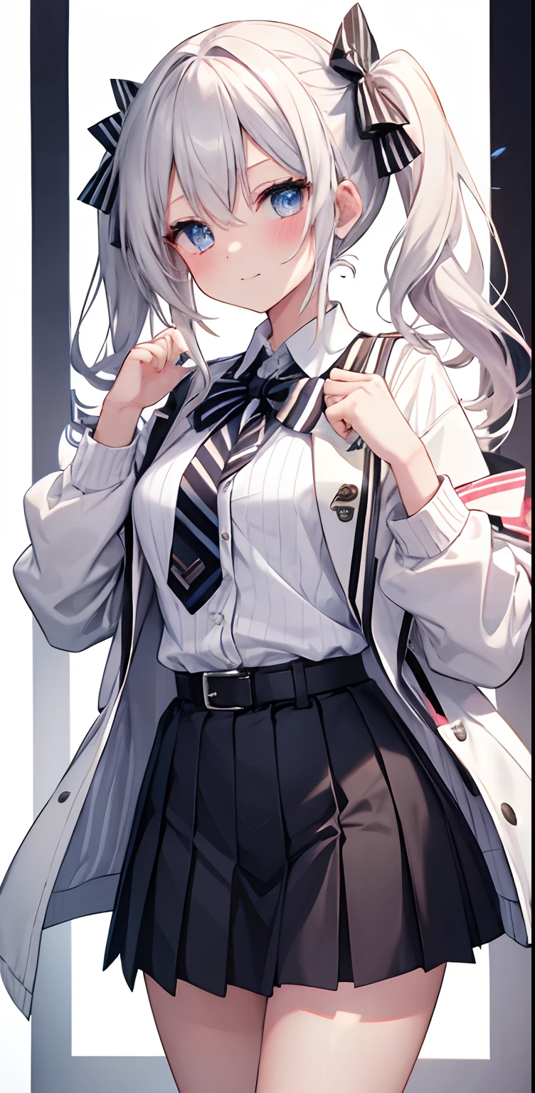 blush, striped, 1girl, smile, hair ornament, solo, blue eyes, closed mouth, long sleeves, eyebrows visible through hair, shirt, bangs, jacket, vertical stripes, white background, white jacket, white shirt, black skirt, skirt, hands up, hair between eyes, looking at viewer, black shirt, ribbon, diagonal stripes, big_hair, belt, blush_nose, collared_shirt, hairpin, virtual_youtuber, pleated_skirt, silver_hair, plain_bottom, white_hair, sailor_collar, open_jacket, w, striped_bottom, open_clothes, gray_shirt, red_tie, bow, upper body, neck_ribbon, black_dress, black_belt, striped_bow, two-tone_bottom, school uniform, waist, legs, thighs