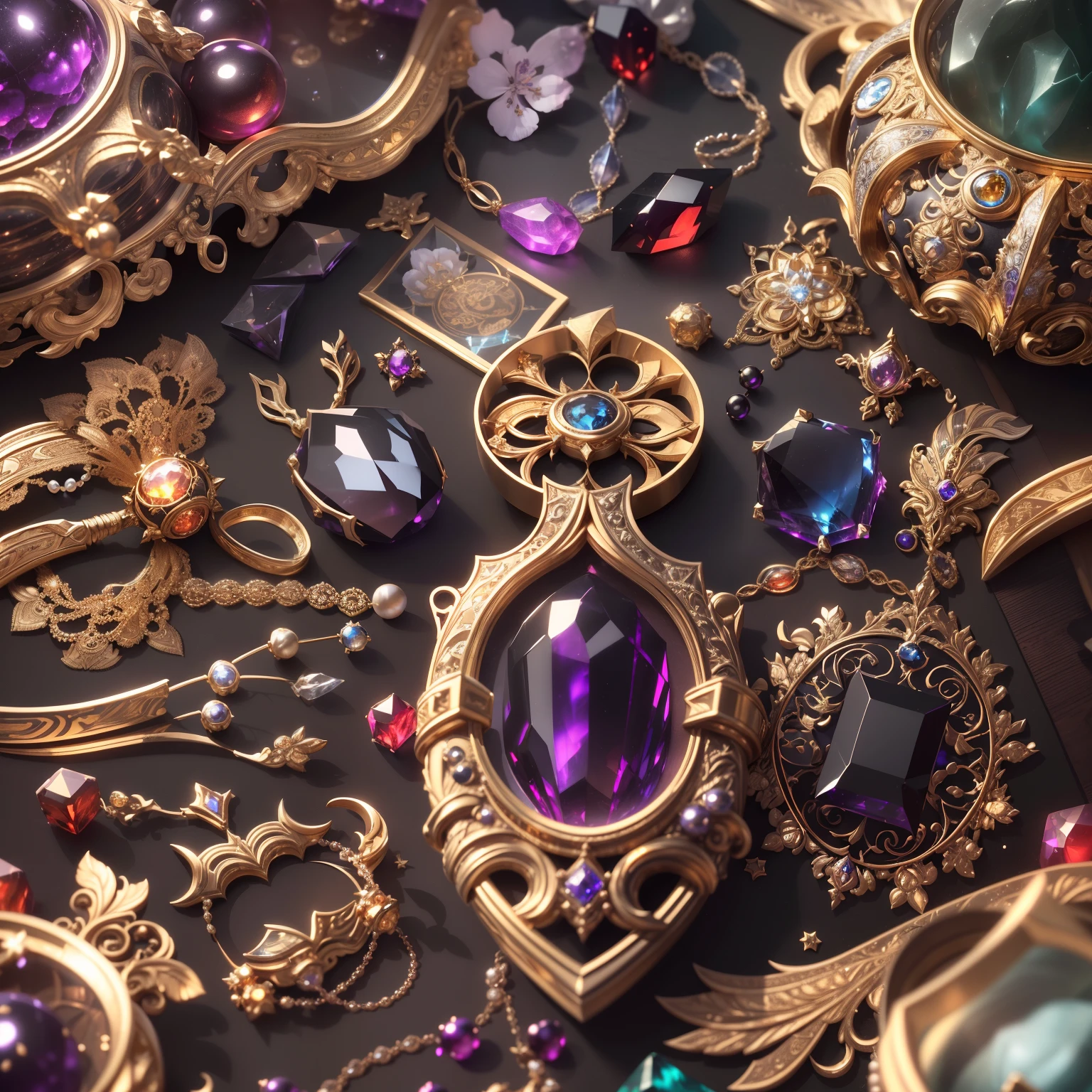 in the style of futurism，(Full Focus:2),(Everything is laid out in the window:1.3)，(Luxurious silk|medal|Hours|Luxury weapons|obsidian|pearls|Hisui|White jade|amethyst|Sapphires|Jewelry made of gold|Silverware|Purple gold|Magic jewelry|antiquarian|The Red Jewel|diamond|Topaz|:2)，Magic symbols，The effect of magic light particles，High-tech luxury， Expensive jewelry,，Expensive metals，Luxuries，Puzzles are forbidden, Detailed and complex background, sparkly, reflection light, Гипер HD, Award-winning, hight resolution, high detail, chiaroscuro, Cinematic lighting, Masterpiece, ray traced，Structurally correct, super detaill, hiquality, High Details, Best Quality, 16k