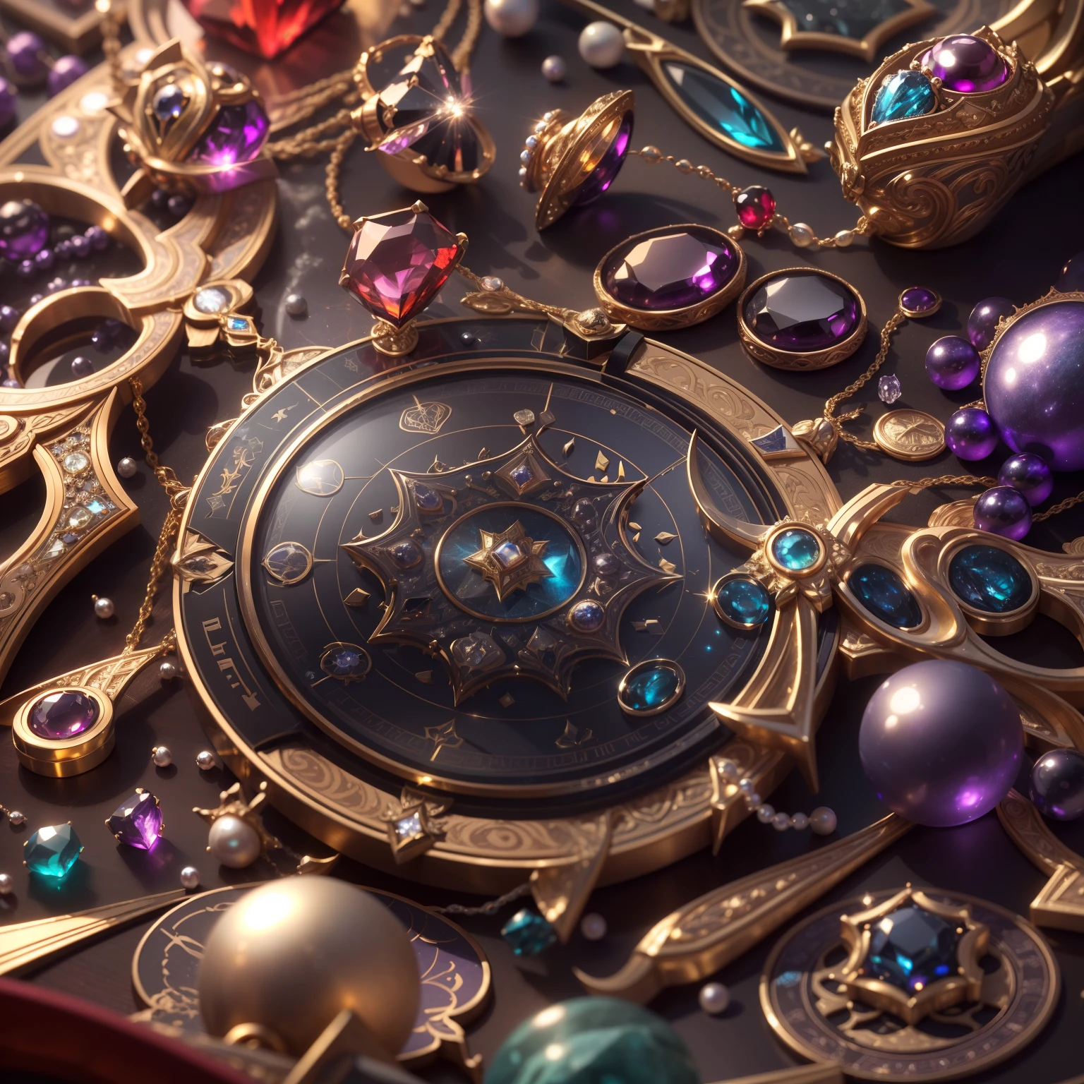 in the style of futurism,(Full Focus:2),(Everything is laid out in the window:1.3),(Luxurious silk|medal|Hours|Luxury weapons|obsidian|pearls|Hisui|White jade|amethyst|Sapphires|Jewelry made of gold|Silverware|Purple gold|Magic jewelry|antiquarian|The Red Jewel|diamond|Topaz|:2),Magic symbols,The effect of magic light particles,High-tech luxury, Expensive jewelry,,Expensive metals,Luxuries,Puzzles are forbidden, Detailed and complex background, sparkly, reflection light, Гипер HD, Award-winning, hight resolution, high detail, chiaroscuro, Cinematic lighting, Masterpiece, ray traced,Structurally correct, super detaill, hiquality, High Details, Best Quality, 16k