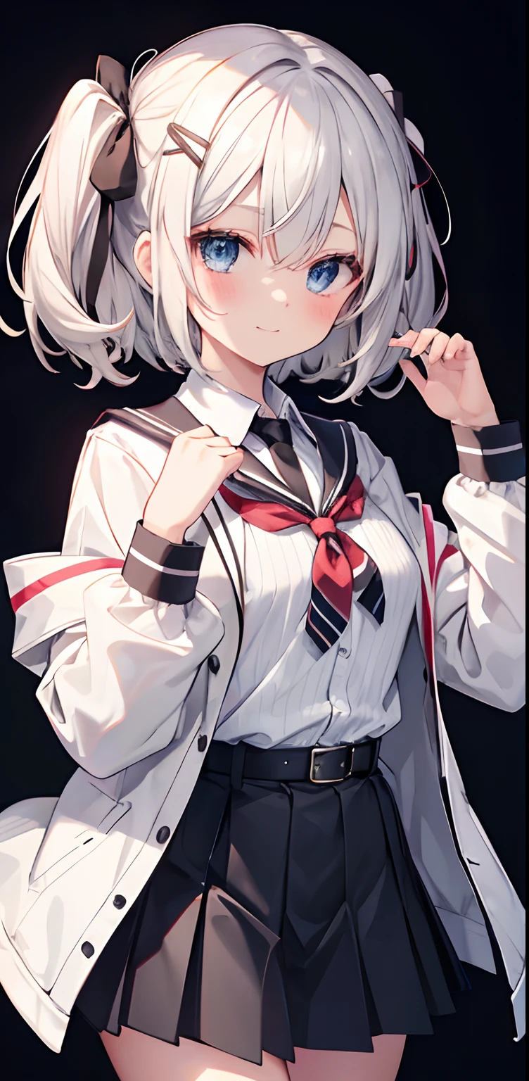((Embarrassing)), ((Changing clothes)), ((Put your hands on your chest)), ((Slouched)), 1 Whole body of a girl, elvish, ((silber hair)), Red Eyes, bob cuts, Braided hair, student clothes, a sailor suit, inside in room, speculum, gender change, concept-art, beautiful anime scene, Beautiful anime scenery, top-quality, ​masterpiece