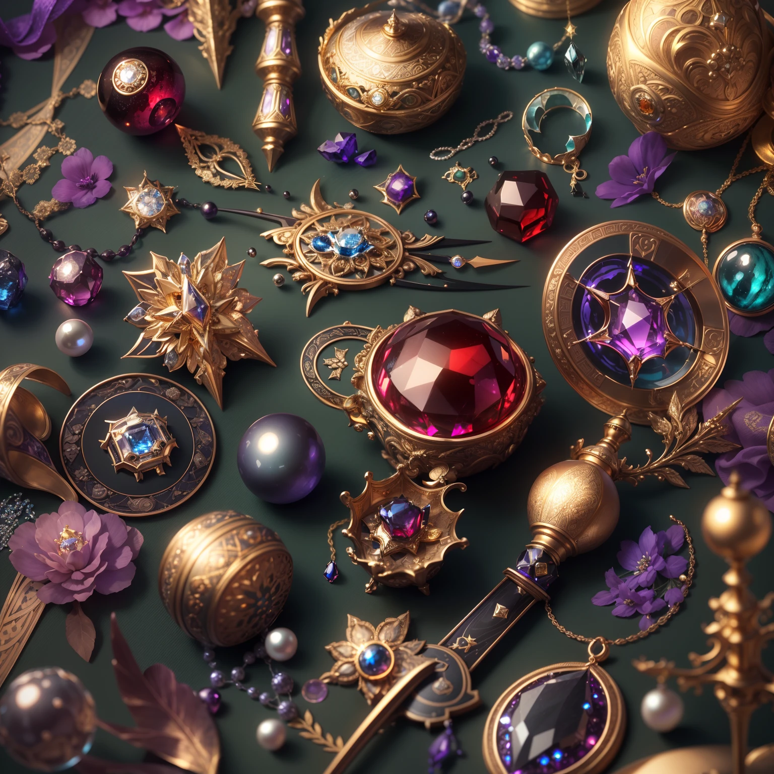 in the style of futurism,(Full Focus:2),(Everything is laid out in the window:1.3),(Luxurious silk|medal|Hours|Luxury weapons|obsidian|pearls|Hisui|White jade|amethyst|Sapphires|Jewelry made of gold|Silverware|Purple gold|Magic jewelry|antiquarian|The Red Jewel|diamond|Topaz|:2),Magic symbols,The effect of magic light particles,High-tech luxury, Expensive jewelry,,Expensive metals,Luxuries,Puzzles are forbidden, Detailed and complex background, sparkly, reflection light, Гипер HD, Award-winning, hight resolution, high detail, chiaroscuro, Cinematic lighting, Masterpiece, ray traced,Structurally correct, super detaill, hiquality, High Details, Best Quality, 16k
