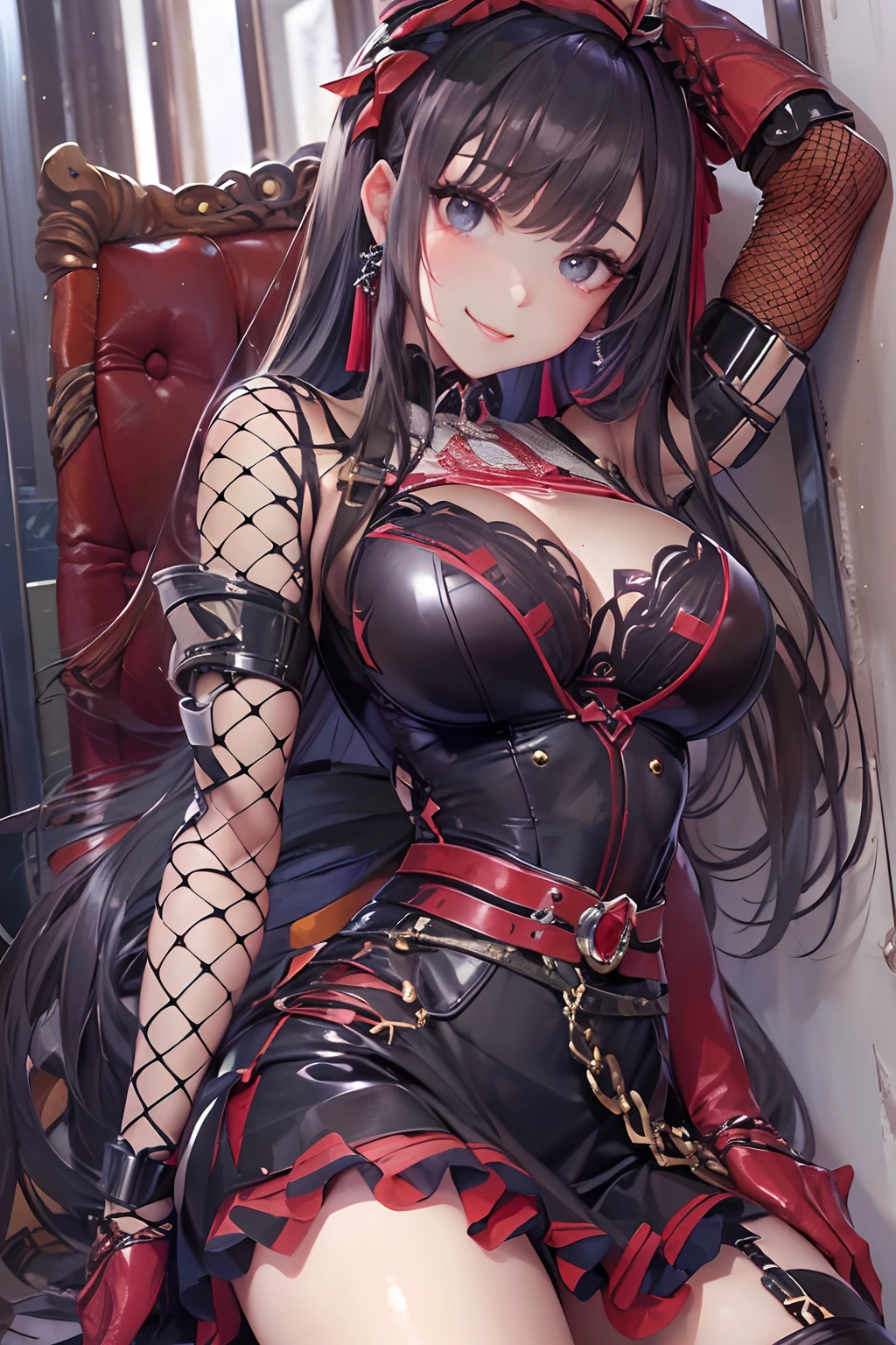 (16k、Raw photography、top-quality、hight resolution)、(biomechanical oppai, full body zenkai! , Seductive Anime Girl,)、(finerly detailed face:1.3)、(masterpiece:1.4)、(top-quality:1.4)、 Beautiful fine skin、(cute little:1.6)、((Long skirt))、(Complex fishnet stockings)、pin heels、Leather luster 3.0、((tthin eyebrows、long eyelashes、big eye、smil、二重まぶた))、Beautiful skin、(Dark red bondage)、Real Photo Stick、Woman in seductive pose、Red Leather Suit、