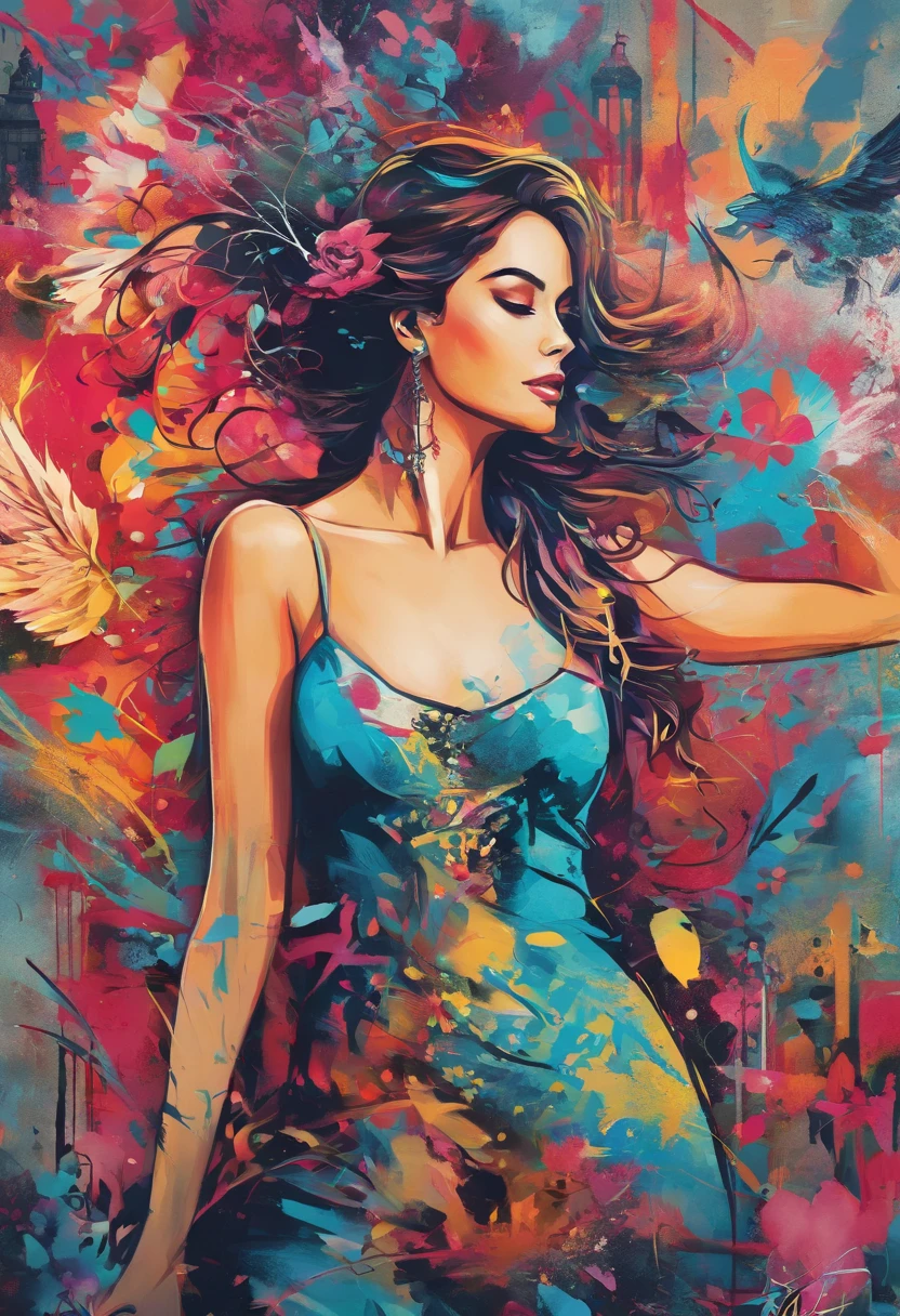 (best quality,4k,8k,Altas,master part:1.2),ultra-detalhado,(Realistic,fotorrealista,photo-realistic:1.37),caos, elegante, vivid colors,graffiti profissional, A arte de Anne Bachelier, Atmospheric, uma menina elegantee, Borboletas, flores florescendo, Em Movimento, Dramatic, corpo inteiro, organic composition
