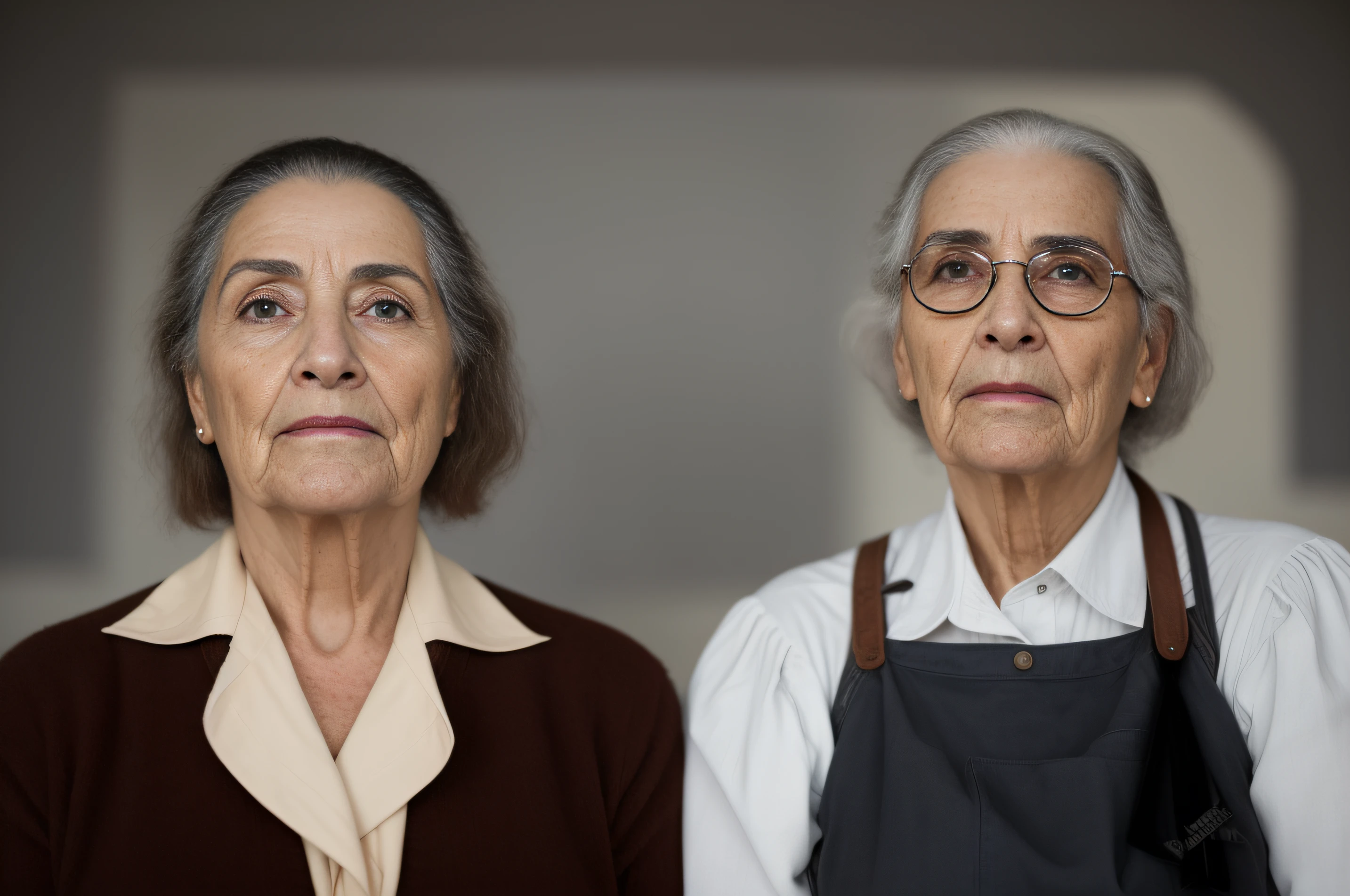 there are two people that are standing next to each other, Retrato de dos personas, Dos ancianos, mujer y hombre,Retrato fotorrealista, Caras fotorrealistas, Estilo Norman Rockwell, Retrato de estudio realista, Retrato de la vida real, Dos ancianos flacos, inspired by Anna Füssli, Espeluznante valle misterioso, Foto de retrato realista, Absurdo hiperrealista, Transformation portrait, Cara restaurada realista