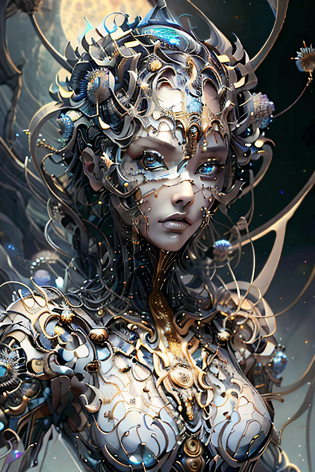 (melhor qualidade,Ultra - Detalhado,best illustration,Melhor sombra,tmasterpiece,A high resolution,ProfissionalArtwork,obras de arte famosas),Olhos detalhados,Olhos belos,clivagem em close-up,scientific fiction,esclera colorida,robot eyes,marcas faciais,Tatuado com,(fractalizado,olhos fractais),olhos grandes,olhos arregalados,(foco ocular),Foco Sface,Cosmic eyes,Olhos espaciais,Close-up da escultura de metal de uma mulher com uma lua em seu cabelo,deusas。Detalhe extremamente alto,Retrato da deusa 3D,Imagens extremamente detalhadas da deusa,Um retrato impressionante de uma deusa,Imagem lateral da deusa,Retrato de uma bela deusa,Retrato em close-up de corpo inteiro da deusa,hecate goddess,portrait of a norse moon goddess,goddess of space and time