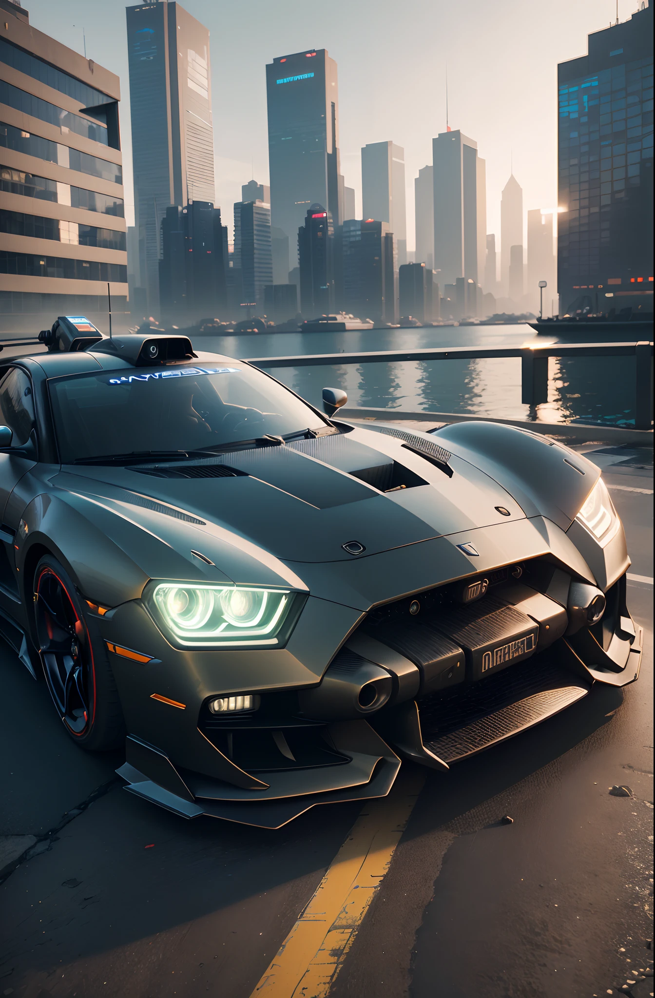 ((Cyberpunk futuristic car)) ((Realistic lighting, better quality, 8K, masterpiece:1.3)) Focus:1.2,Sculpted abs:1.1, (exterior, waterfront:1.1), City Street,