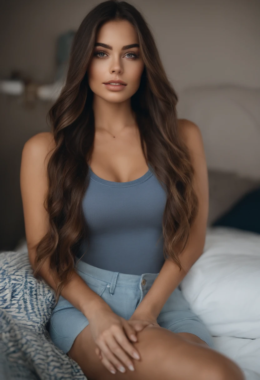 Mujer con camiseta sin mangas y bragas a juego, Chica sexy con ojos azules, Retrato Sophie Mudd, Retrato de Corinna Kopf, cabello rubio y ojos grandes, Selfie de una mujer joven, Ojos en el dormitorio, Violeta Myers, ohne Maquillaje, Maquillaje natural, staring directly into camera, Cara con Artgram, dezentes Maquillaje, Impresionante foto de cuerpo completo, en el dormitorio, Fission