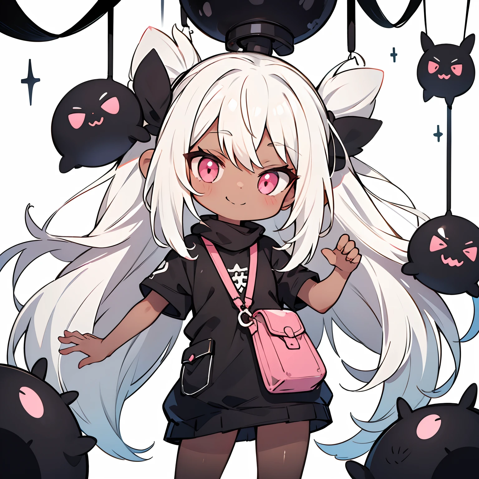 A with tan skin, black and white white hair, and pink eyes. She is holding her arms out while smirking, strings of black slime hang from her fingers and connecting to small black creatures