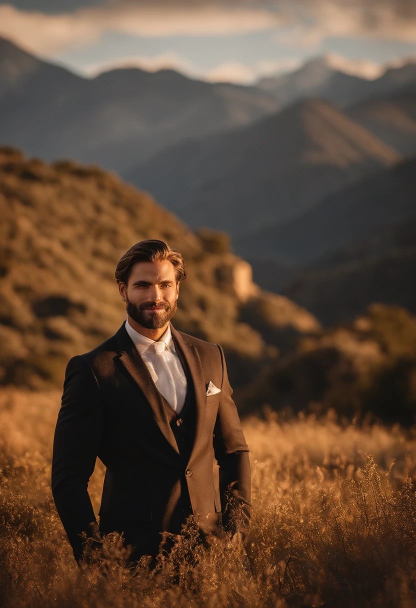 La mejor calidad,Ultra detallado,realista:1.37,Hombre guapo,cara hermosa,ojos color miel detallados,strong jawline,barba de rastrojo,sonrisa encantadora,Traje con clase,cabello elegante,afeitado,Postura segura,caballero,Mirada cautivadora,bien arreglado,profesional,Apariencia similar a la de un modelo,vivid colors,Studio lighting,Warm color tone,Medio:retrato