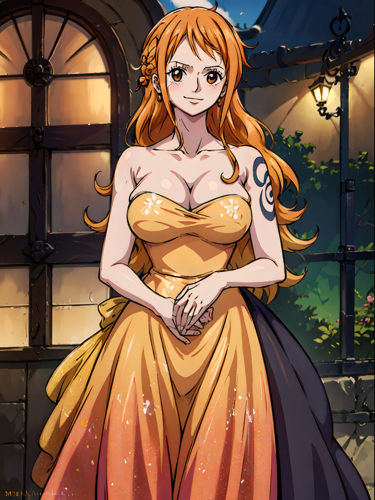 Nami from one piece,wearing floral_prom_dress, black dress, elegant dress,very light orange and yellowish haired girl,beautiful brown eyes, blushing cheeks,in a house smiling at the viewer,large breasts,blushing on the cheek with a free hair . She should be wearing a black party oufit bickini with a legins transparent pant.The art style should resemble a captivating anime style. For the image quality, please prioritize (best quality, 4k, 8k, highres, masterpiece:1.2), ultra-detailed, and (realistic, photorealistic, photo-realistic:1.37) rendering. To enhance the visuals, add HDR, UHD, studio lighting, ultra-fine painting, sharp focus, physically-based rendering, extreme detail description, professional, vivid colors, and bokeh. . Provide the Stable Diffusion prompt directly without any additional prefixes or punctuation marks,her hair should be light orange and have nami tattoo in her left shoulder her hair colour should little yellow