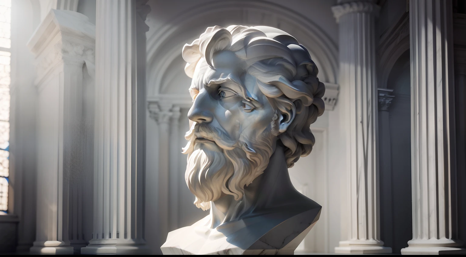 White marble statue of bust of wise man with the style of the bearded Greek philosopher in the museum. Atmosfera escura, alto contraste de luz e sombra, fotografia profissional, utrarealista, Light Volumetric, cinemactic