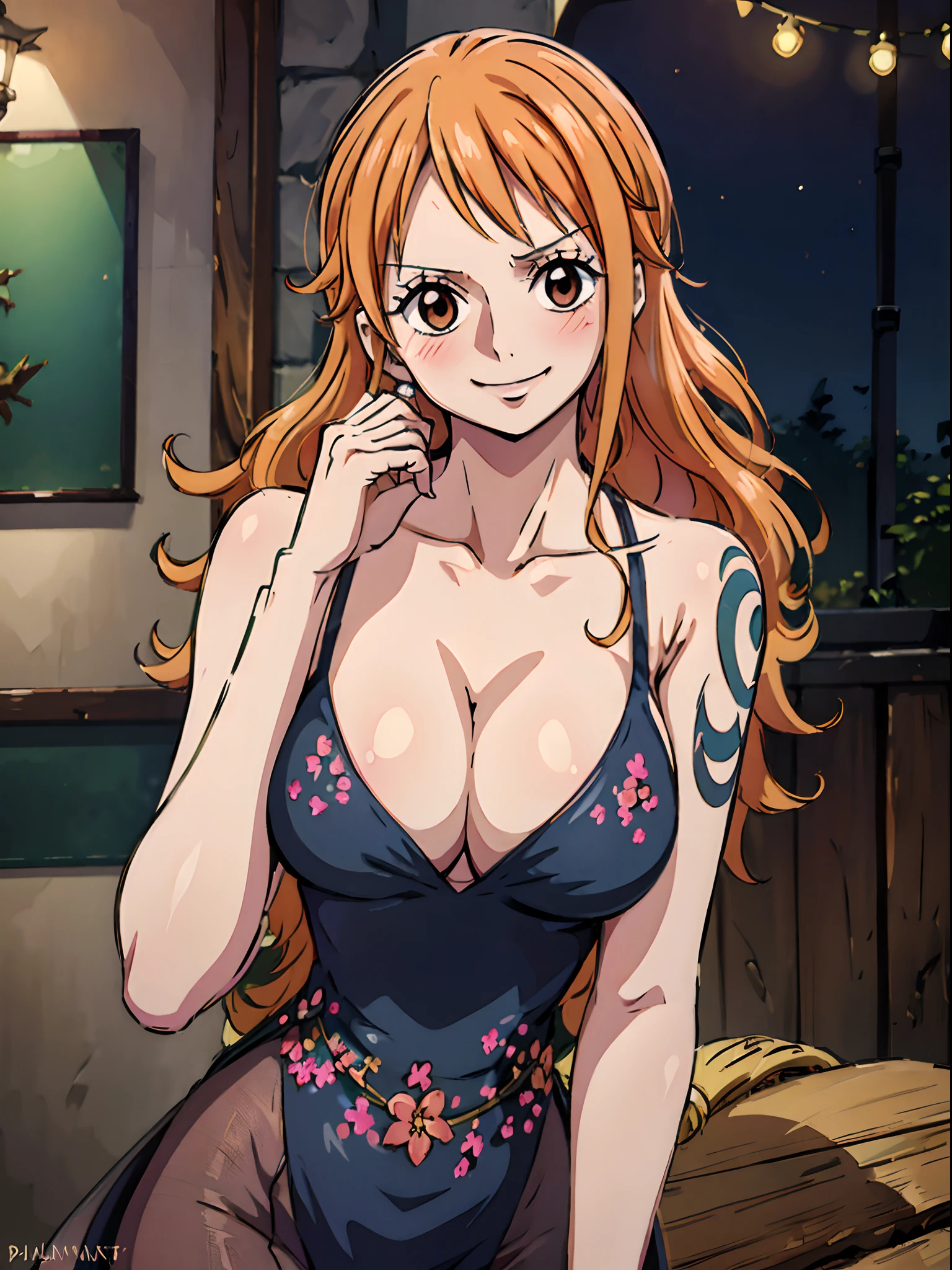 Nami from one piece,wearing floral_prom_dress, black dress, elegant dress,very light orange haired girl,beautiful brown eyes, blushing cheeks,in a house smiling at the viewer,large breasts,blushing on the cheek with a free hair . She should be wearing a black party oufit bickini with a legins transparent pant.The art style should resemble a captivating anime style. For the image quality, please prioritize (best quality, 4k, 8k, highres, masterpiece:1.2), ultra-detailed, and (realistic, photorealistic, photo-realistic:1.37) rendering. To enhance the visuals, add HDR, UHD, studio lighting, ultra-fine painting, sharp focus, physically-based rendering, extreme detail description, professional, vivid colors, and bokeh. . Provide the Stable Diffusion prompt directly without any additional prefixes or punctuation marks,her hair should be light orange and have nami tattoo in her left shoulder