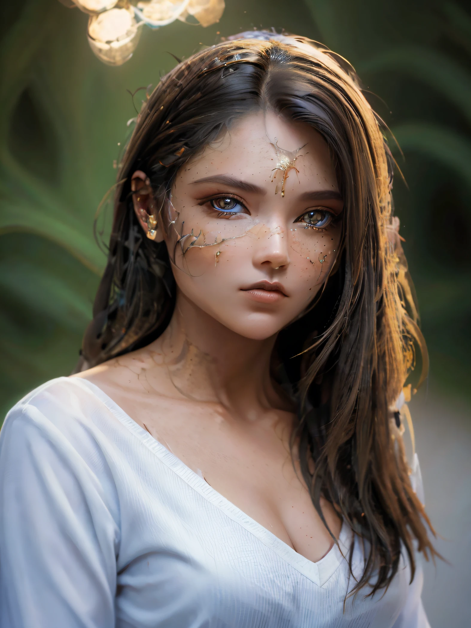 （melhor qualidade，Ultra - Detalhado，best illustration，Melhor sombra，tmasterpiece，A high resolution，ProfissionalArtwork，obras de arte famosas），Olhos detalhados，Olhos belos，clivagem em close-up，scientific fiction，esclera colorida，robot eyes，marcas faciais，Tatuado com，（fractalizado，olhos fractais），olhos grandes，olhos arregalados，（foco ocular），Foco Sface，Cosmic eyes，Olhos espaciais，Close-up da escultura de metal de uma mulher com uma lua em seu cabelo，deusas。Detalhe extremamente alto，Retrato da deusa 3D，Imagens extremamente detalhadas da deusa，Um retrato impressionante de uma deusa，Imagem lateral da deusa，Retrato de uma bela deusa，Retrato em close-up de corpo inteiro da deusa，hecate goddess，portrait of a norse moon goddess，goddess of space and time