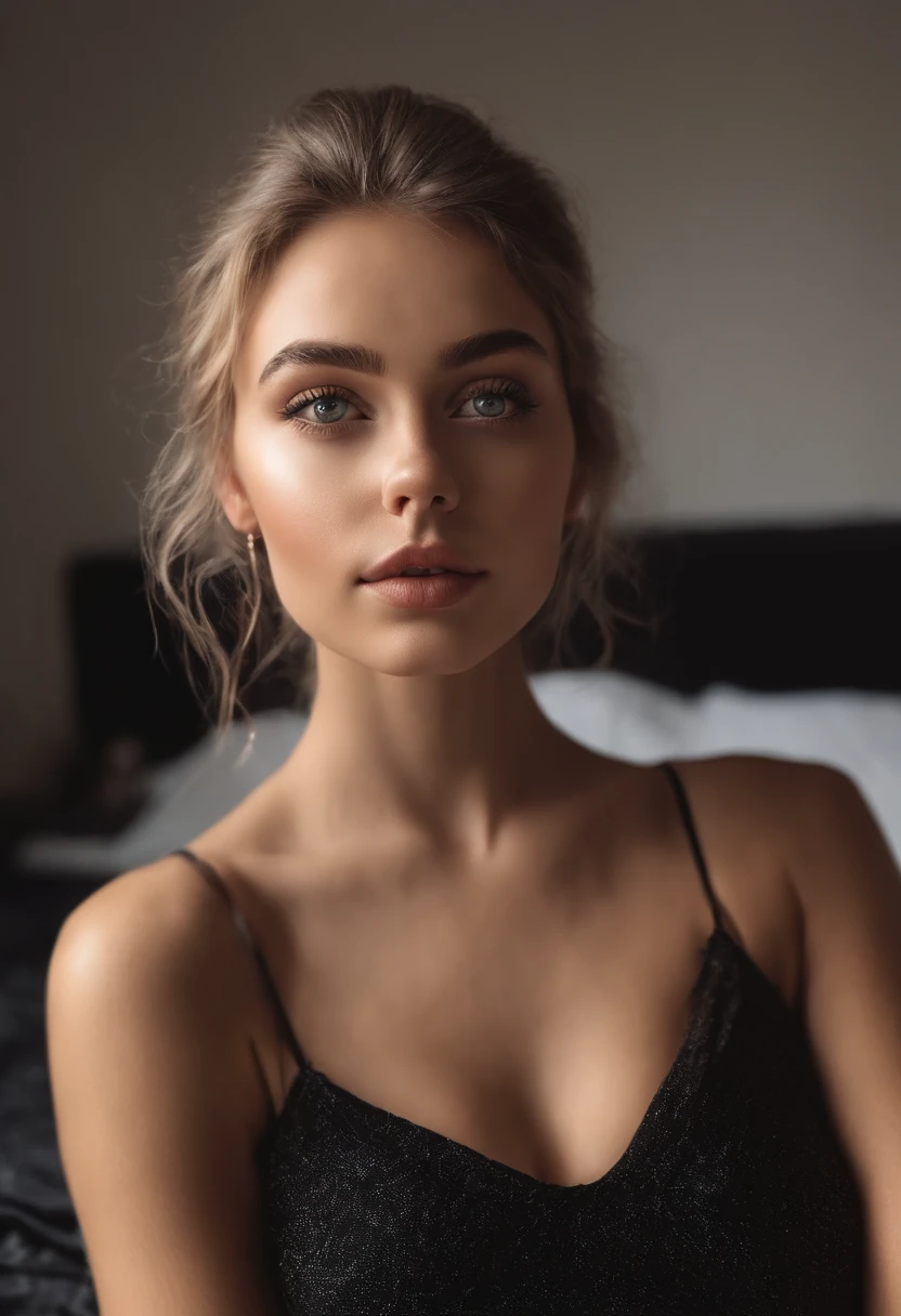 Arafed woman completely , fille sexy aux yeux bleus, ultra realist, Meticulously detailed, Portrait Sophie Mudd, cheveux blonds et grands yeux, selfie of a young woman, Yeux de chambre, Violet Myers, sans maquillage, maquillage naturel, looking straight at camera, Visage avec Artgram, Maquillage subtil, Great photo of the whole body kneeling on the bed, dans la chambre, Medium to large bust