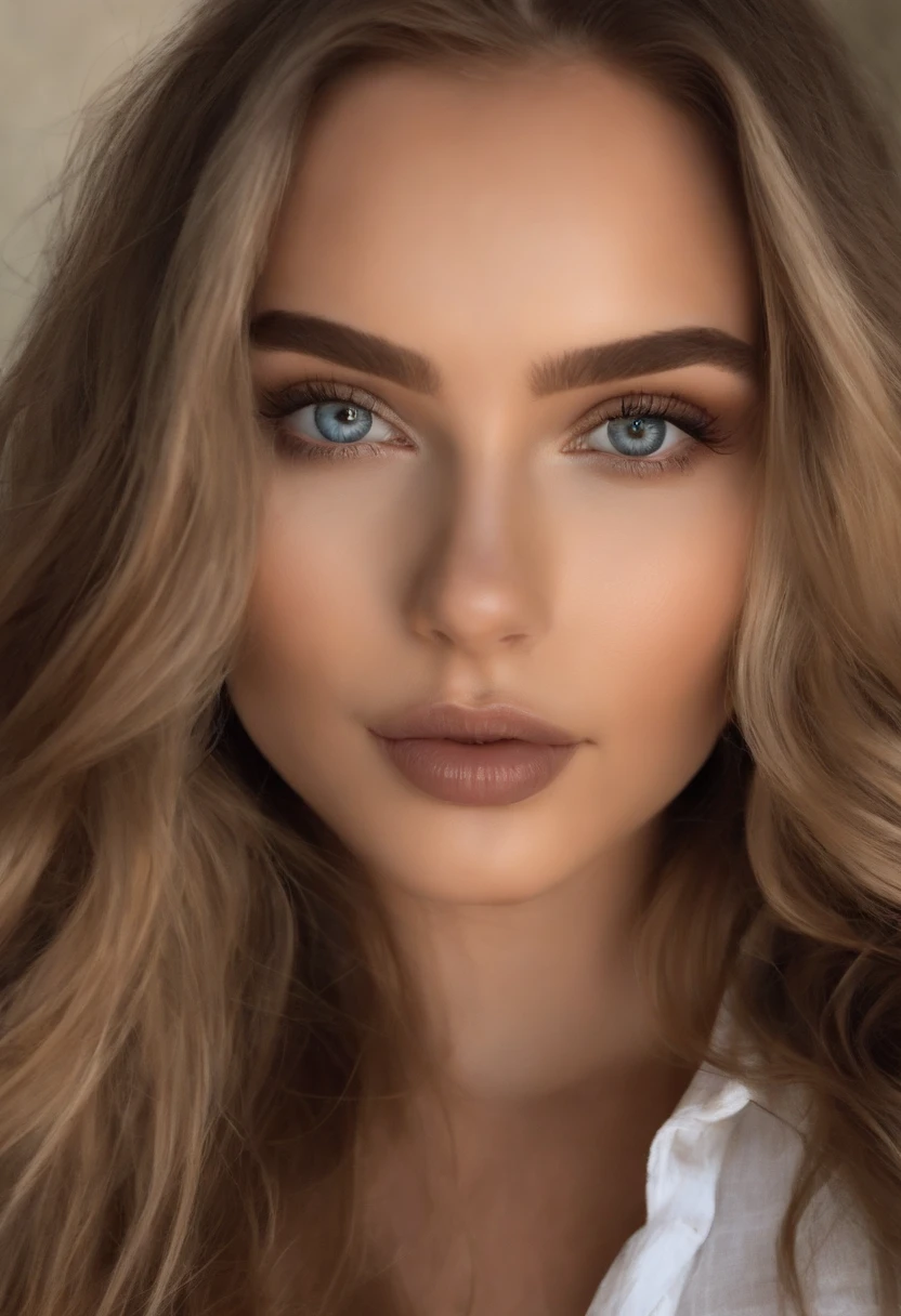 Arafed woman completely , fille sexy aux yeux bleus, ultra realist, Meticulously detailed, Portrait Sophie Mudd, cheveux blonds et grands yeux, selfie of a young woman, Yeux de chambre, Violet Myers, sans maquillage, maquillage naturel, looking straight at camera, Visage avec Artgram, Maquillage subtil, Great photo of the whole body kneeling on the bed, dans la chambre, Medium to large bust
