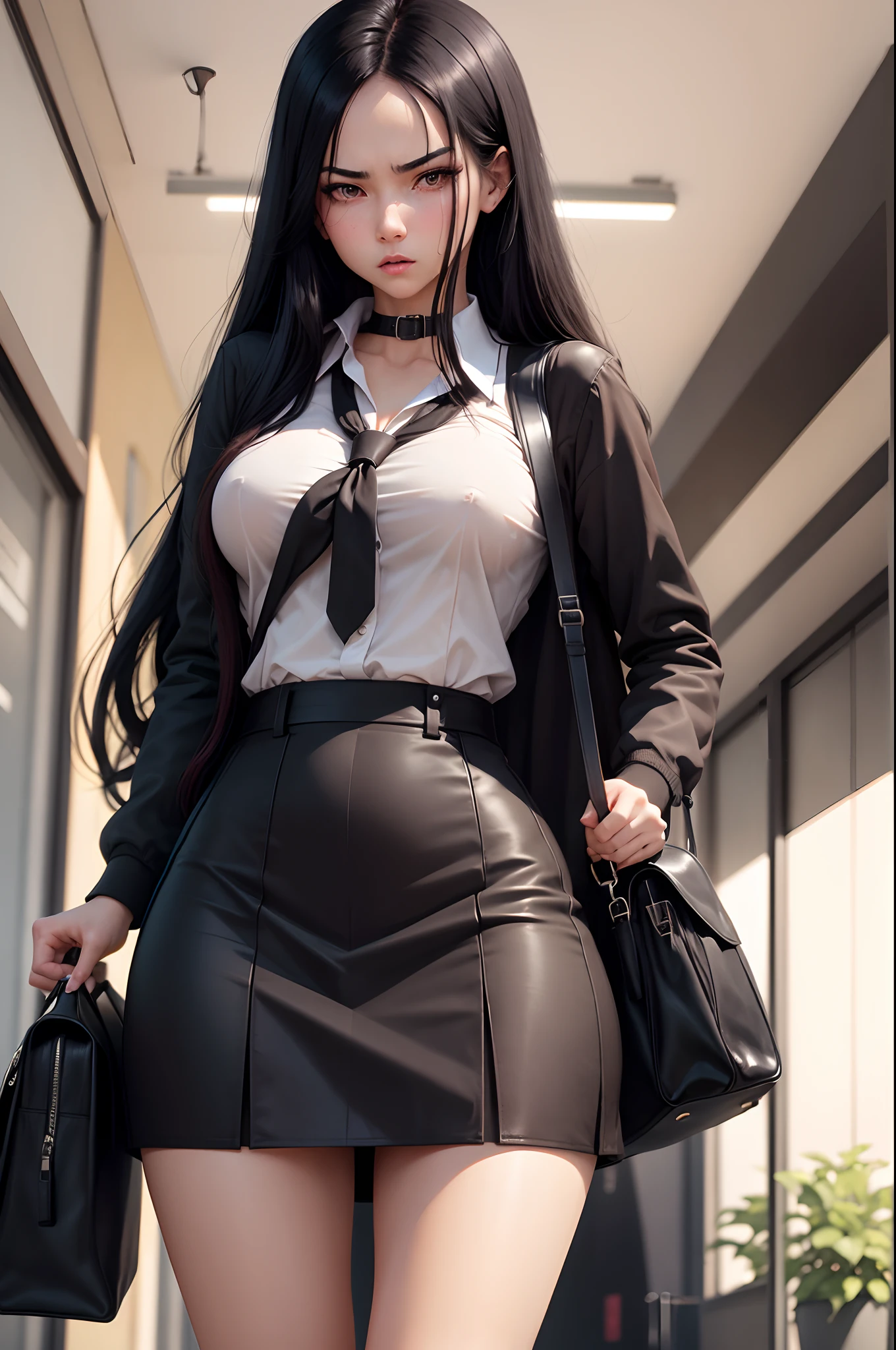 At school, a woman, nsfw, frontal, long black hair, black short skirt, bag, angry, abusive, super detailed, 4k