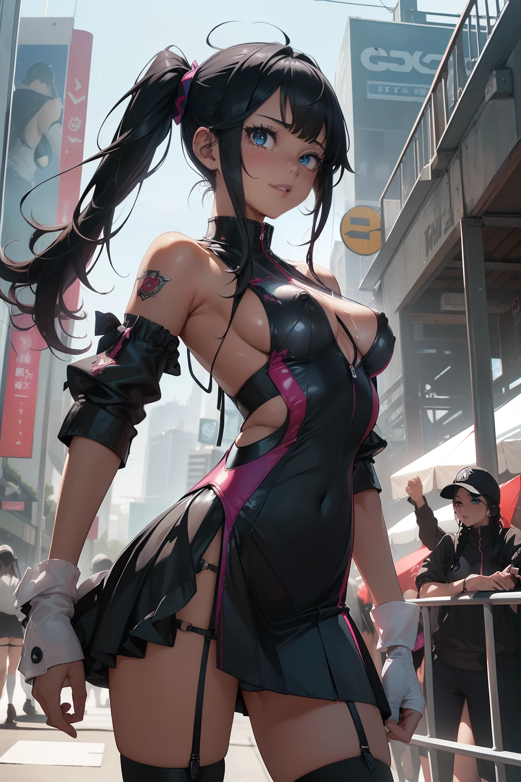 (((top-quality)), ((masterpiece)), Pitch Resuit、((Colossal tits:1.4))、goth_punk, 1girl in, 独奏,、top-quality, Photorealistic, An ultra-fine illustrations, beautiful attractive anime girl, miku hatsune, slender , Tied hair, Twintail 、one girls, a photo of girl, Full body shot, Beautiful blue eyes, Turned,、Puffy nipple、erect nipples、One Piece Mini Skirt Racing dress Uniform 、((see -through ONE PIECE dress))、Sobbing 、 (see -through)、knee high white、pantyshot、(cum in vaginas:1.3)、cum in mouth.、Racing Circuit、Large crowds、Being watched、(G-string overflow :1.3)、Open lips、 ssmile、put hands on the ass、 legs open、8 head body