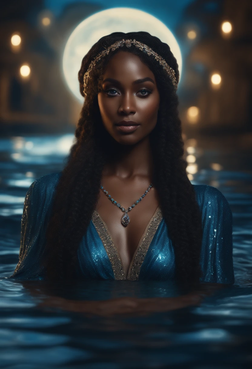 beautiful young black maiden with blue eyes in the middle of magic water water droplets crowning her, full moon, She is looking at the droplet symbol of water element floating around, hyperdetailed, detailed matte painting deep color fantastical intricate detail complementary colors 8k resolution trending on Artstation Unreal Engine 5"