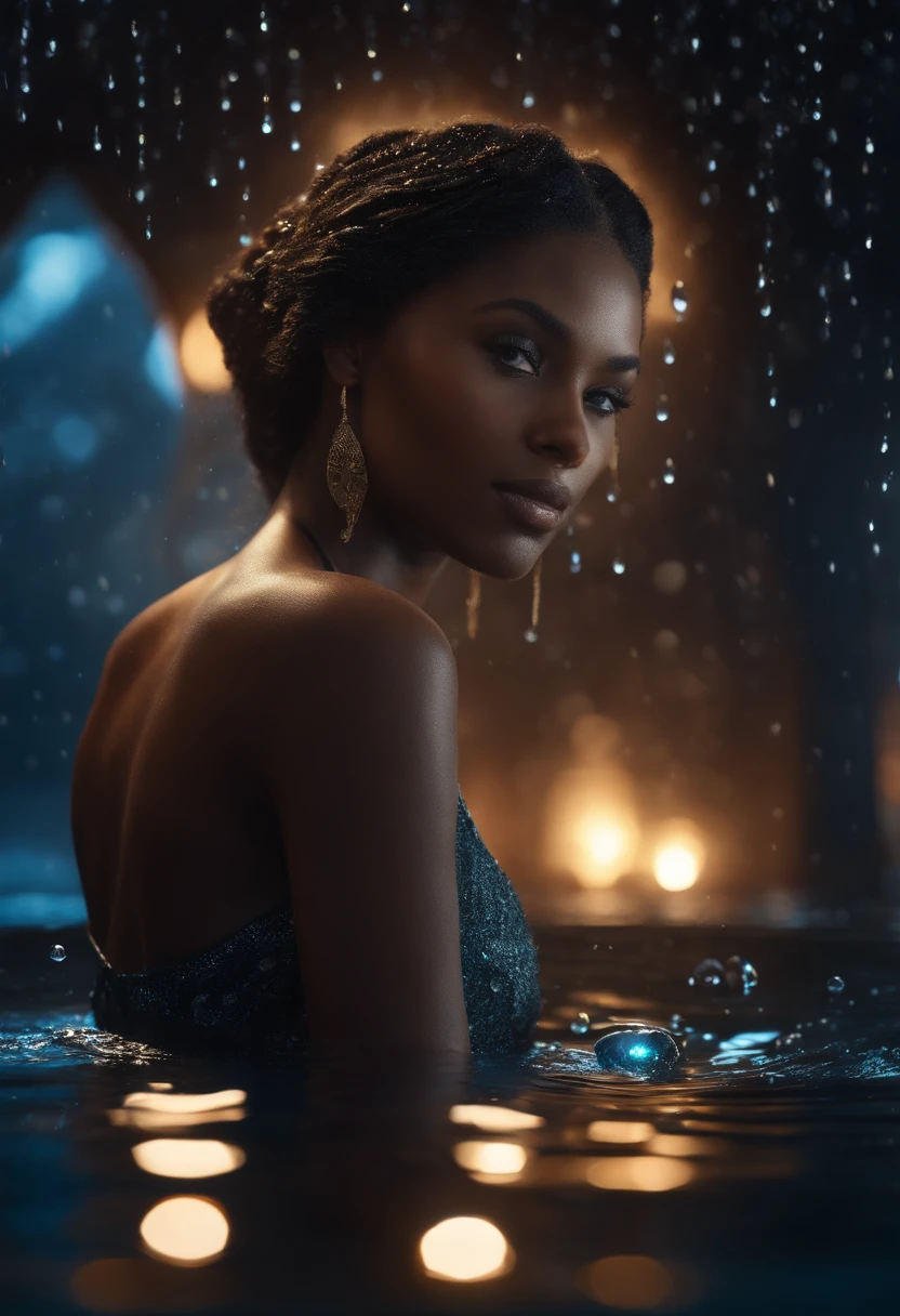 beautiful young black maiden with blue eyes in the middle of magic water water droplets crowning her, full moon, She is looking at the droplet symbol of water element floating around, hyperdetailed, detailed matte painting deep color fantastical intricate detail complementary colors 8k resolution trending on Artstation Unreal Engine 5"