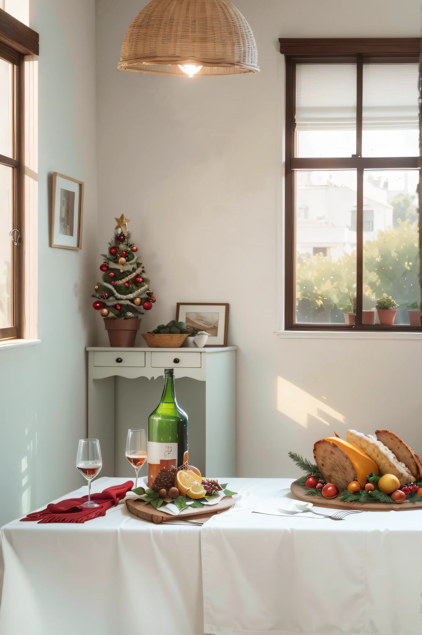 Por favor, Improve lighting, luces y sombras, Hacer mas fuerte la luz de la ventana lateral izquierda que cae sobre la mesa y los objetos proyectan sombra, Add more holiday decorations to the table, cubiertos, un recipiente para salsas, ensalada, Christmas centerpiece, detalles en muebles, on the right improve pork leg baked Christmas. Obra maestra en oleo 8k