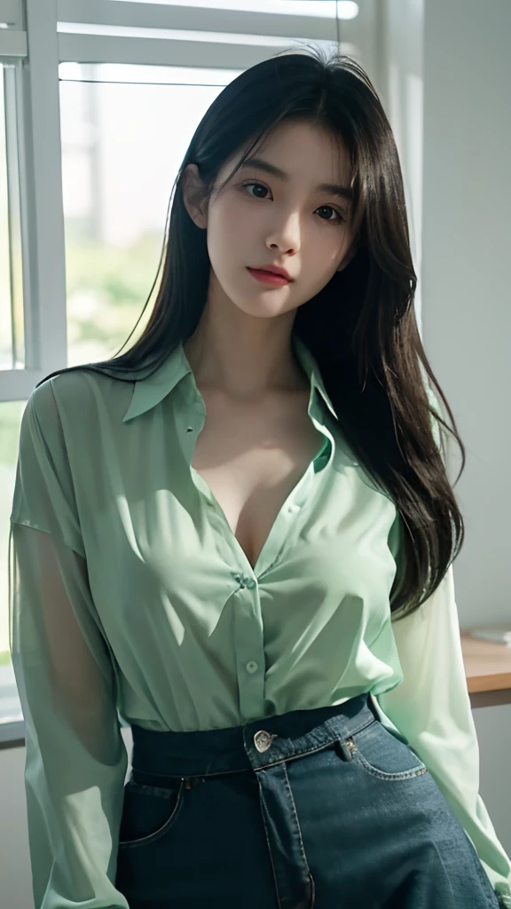 girl in a green shirt and blue skirt posing for a picture, hyperrealistic schoolgirl, a hyperrealistic schoolgirl, photorealistic anime girl render, realistic anime 3 d style, anime girl with long hair, artwork in the style of guweiz, soft portrait shot 8 k, realistic digital art 4 k,korean woman posing for a photo, wearing a green translucent shirt, beautiful korean model, korean girl, beautiful young korean woman, beautiful korean girl, open translucent shirt, korean goddess, cleavage, wearing a green shirt, wearing a tight shirt, without glasses, soft translucent white skin , beautiful korean woman, clothes with open chest, black-head, black-Hair, E cup bra, translucent green, translucent green shirt, translucent green, sexual pose, sex pose,