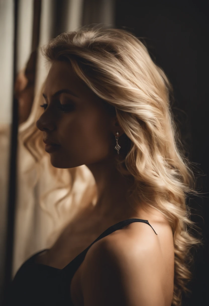 1fille dans, 25 ans, seulement, cheveux longs, Curved, Regarder le spectateur, cheveux blonds, silhouette mince, yeux bruns, bijoux, corps entier, un collier, T-shirts, Realstic, Un sexy