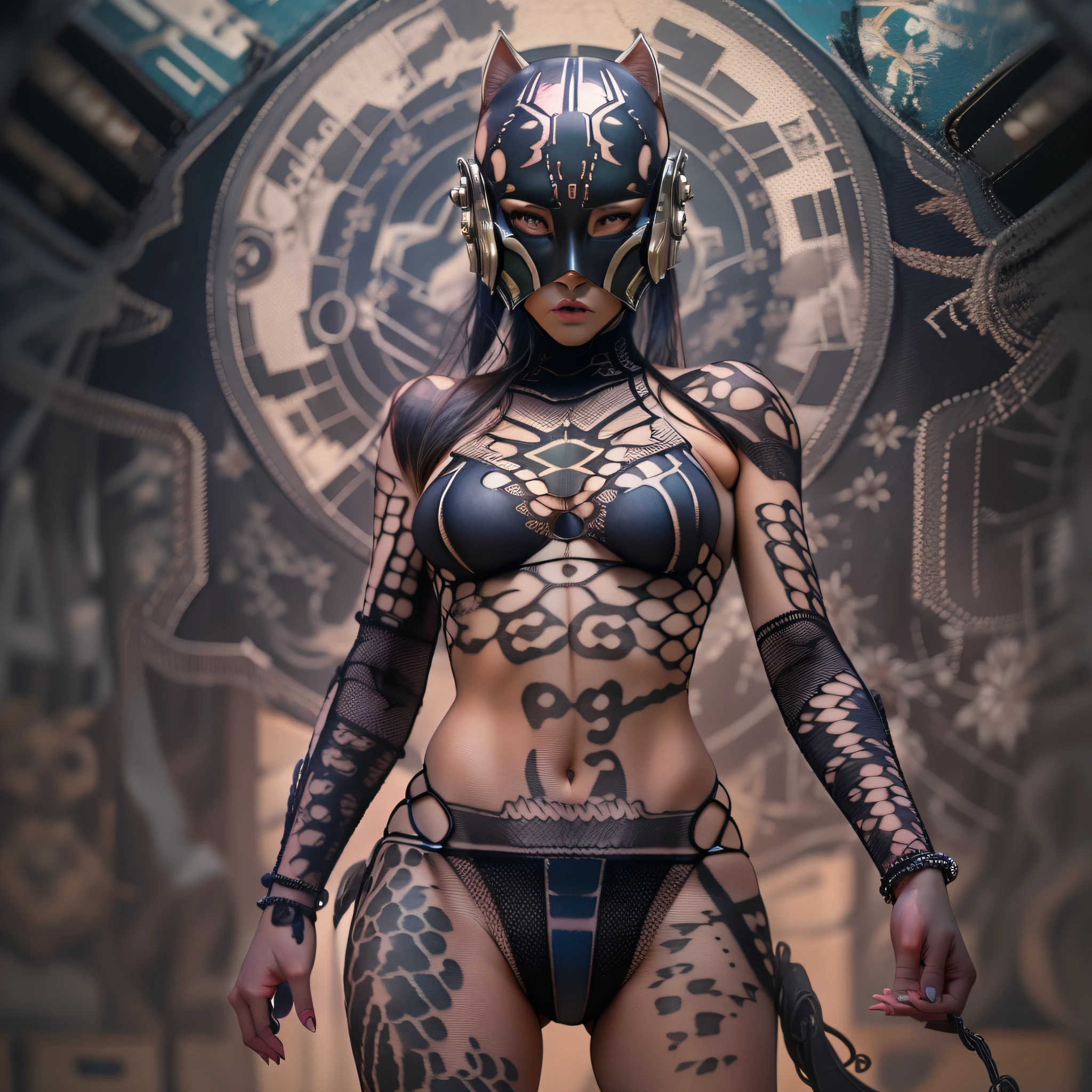 female standing flat pose, body front view wearing string bikini, black and pink microfiber bikini, gym tops, perfect slim figure, intricate details, high details, ((microfiber bikini)), the center of this full body portrait in the iconic Black Panther mask She is seen amidst her high-tech surroundings, adorned with black tattoo art and a navel piercing. The image should be a mix of digital and anime illustration, featuring a level of detail that brings the character and scene to life. Boba Fett's anatomy is athletic, capturing the essence of freedom and soul. Inspired by Masamune Shirow, the illustration features sharp focus, smooth transitions and an underlying watercolor aesthetic. cyberpunk atmosphere.", 35 mm, medium shot, studio lighting, highly detailed, octane rendering
