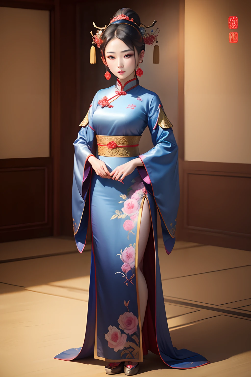 An ancient Chinese beauty Pan Jinlian,standing solo,Beautiful appearance、Feminine and colorful,Elegant temperament,Wear ancient Chinese long dresses